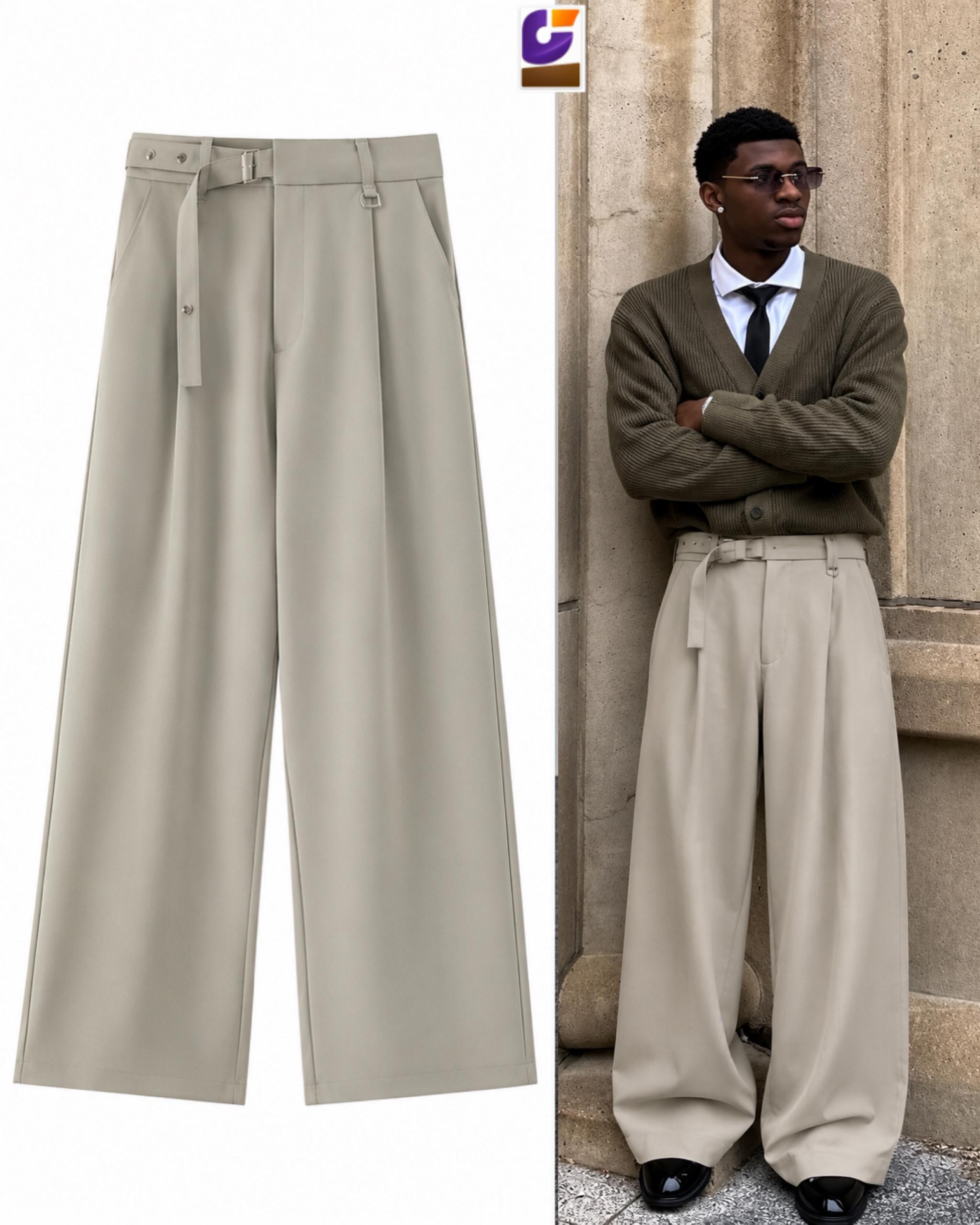 Beige wide-leg flare trousers in flat lay and on model wearing with green cardigan.
