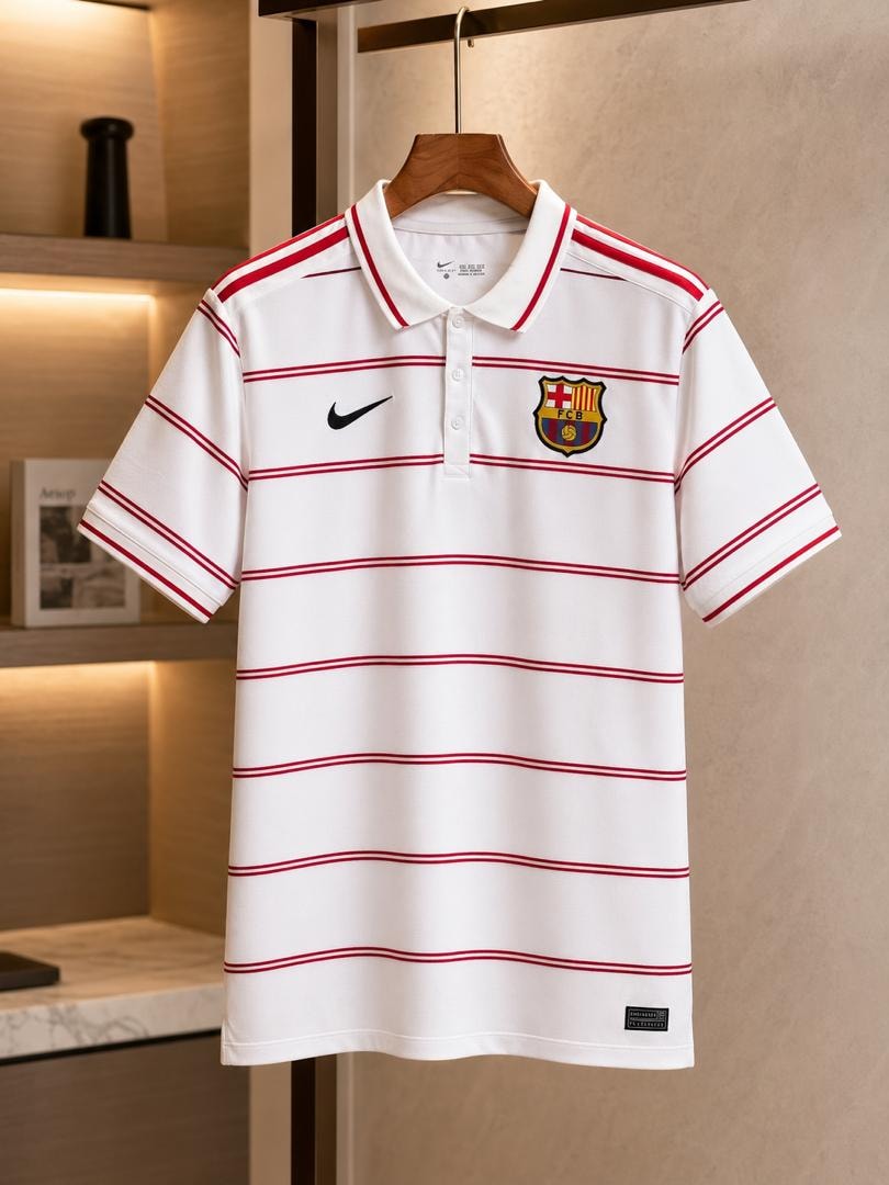 White and red striped FC Barcelona Nike polo shirt on hanger.
