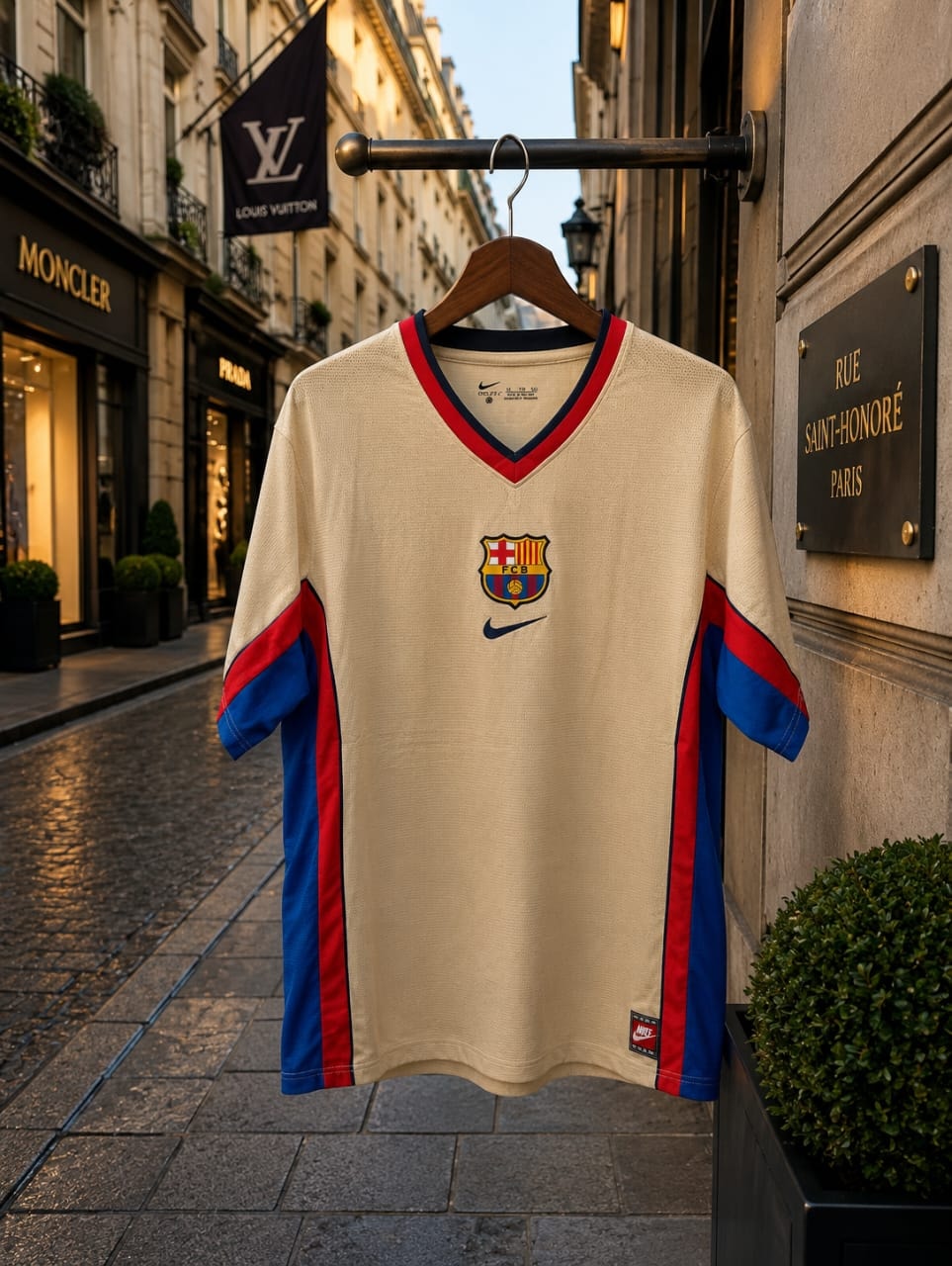 Cream FC Barcelona Nike jersey hanging on Paris street background.