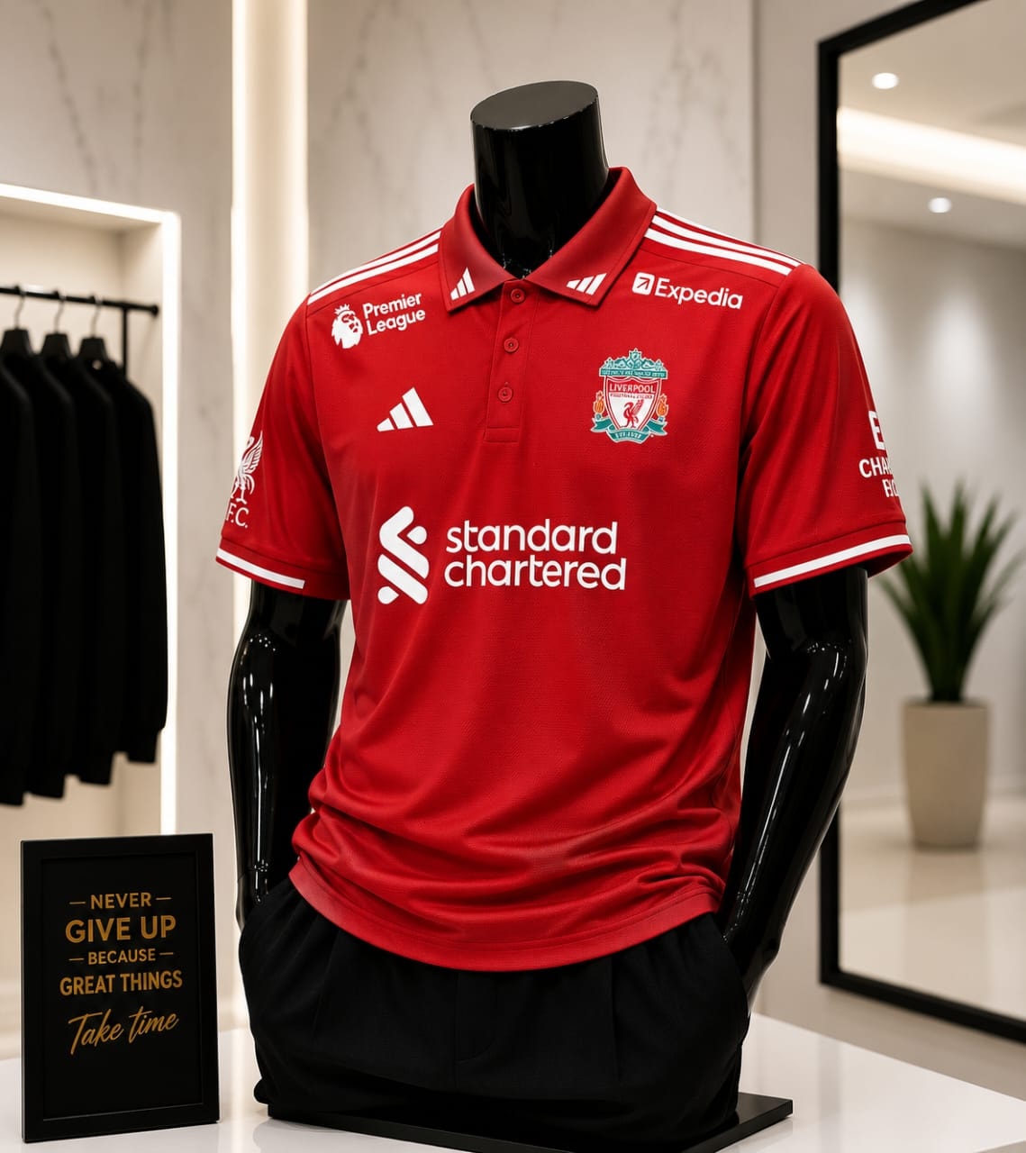 Red Liverpool polo jersey displayed on black mannequin in showroom.