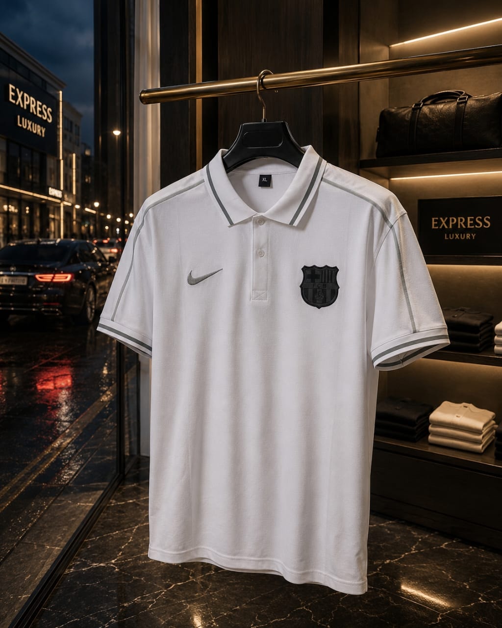 White Barcelona polo jersey hanging in luxury store window at night.