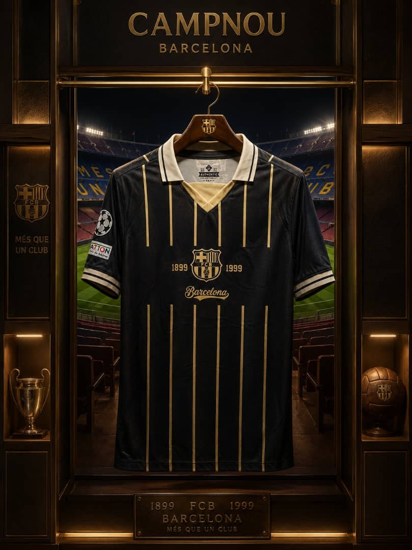 Navy and gold FC Barcelona anniversary jersey on display.