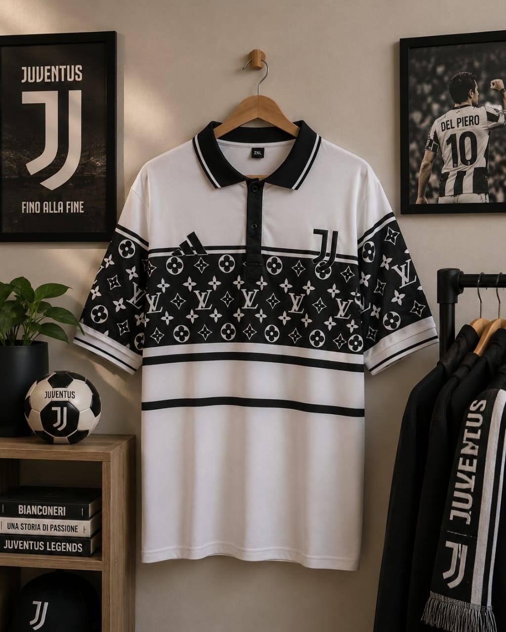 White and black patterned Juventus polo jersey in lifestyle setting.