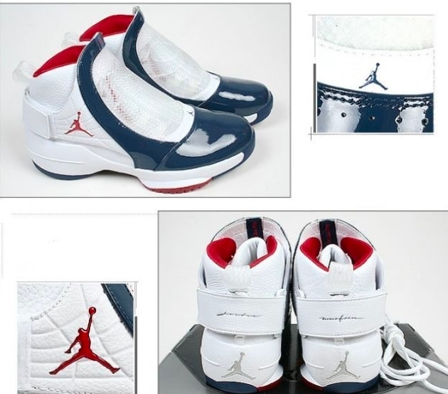 Collage of white navy red Air Jordan sneakers showing multiple angles, Jumpman logos and details.
