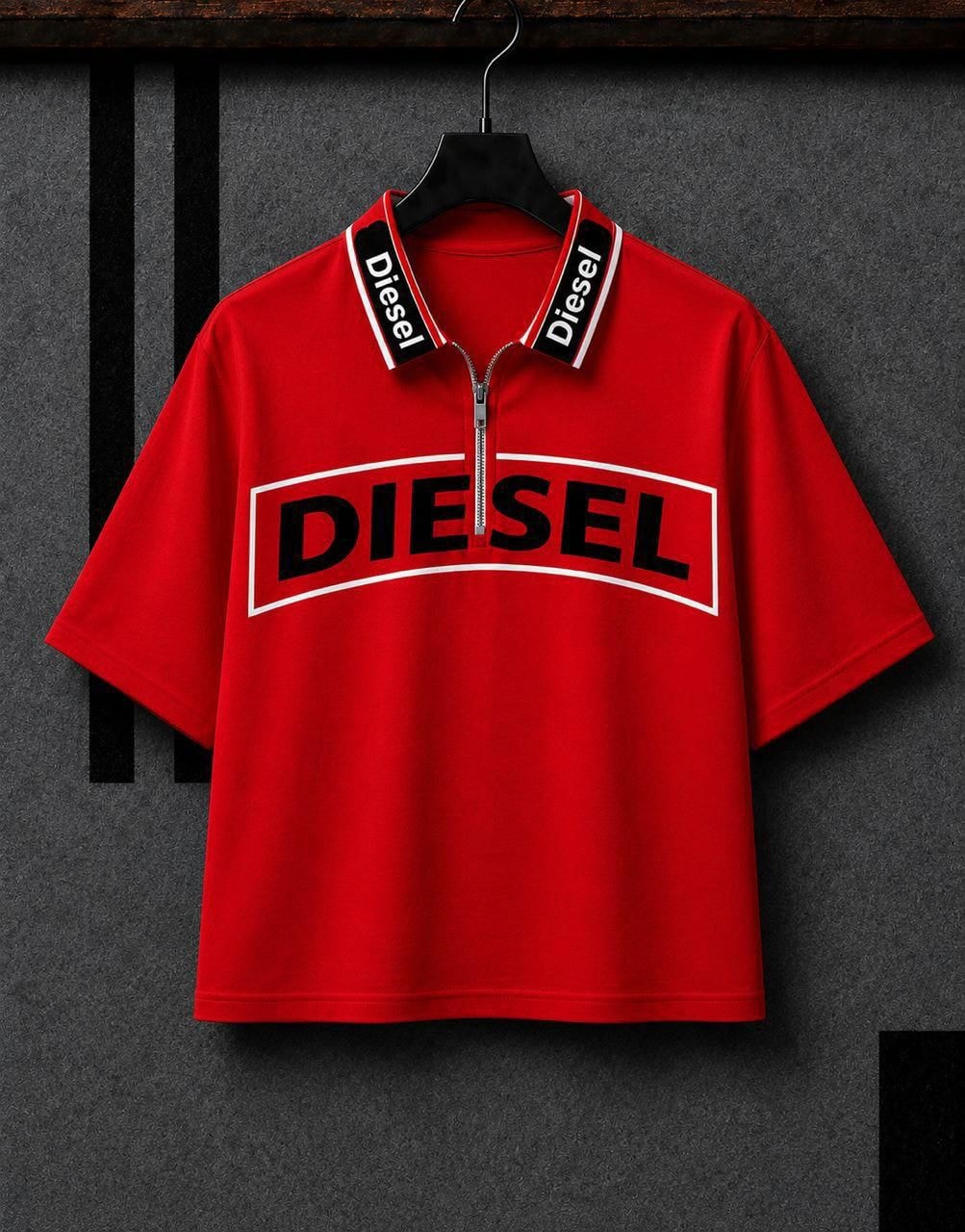 Red cropped Diesel polo t-shirt with quarter zip and large chest logo.