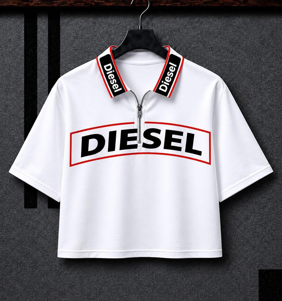 White cropped Diesel polo t-shirt with quarter zip and large chest logo.