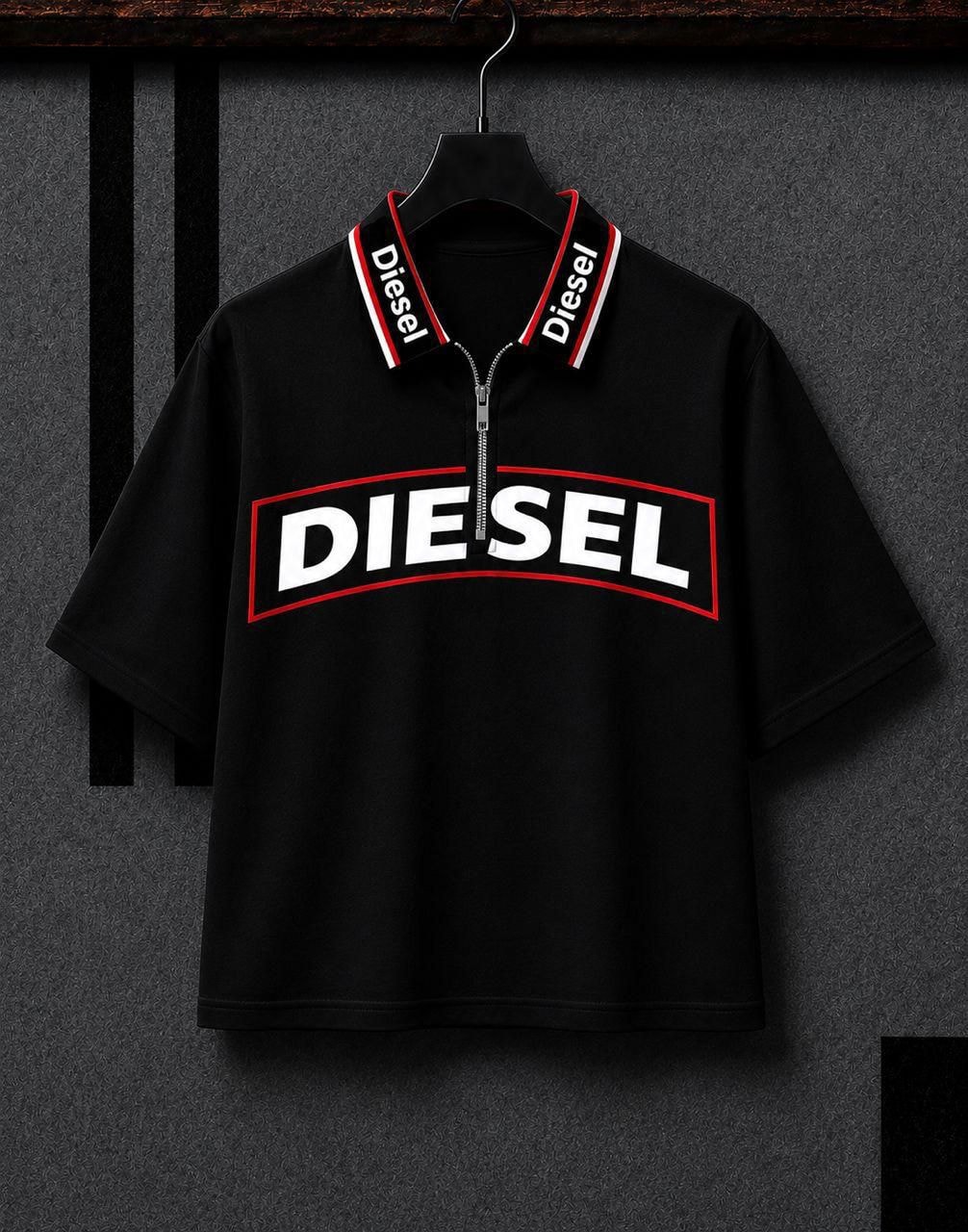 Black cropped Diesel polo t-shirt with quarter zip and large chest logo.