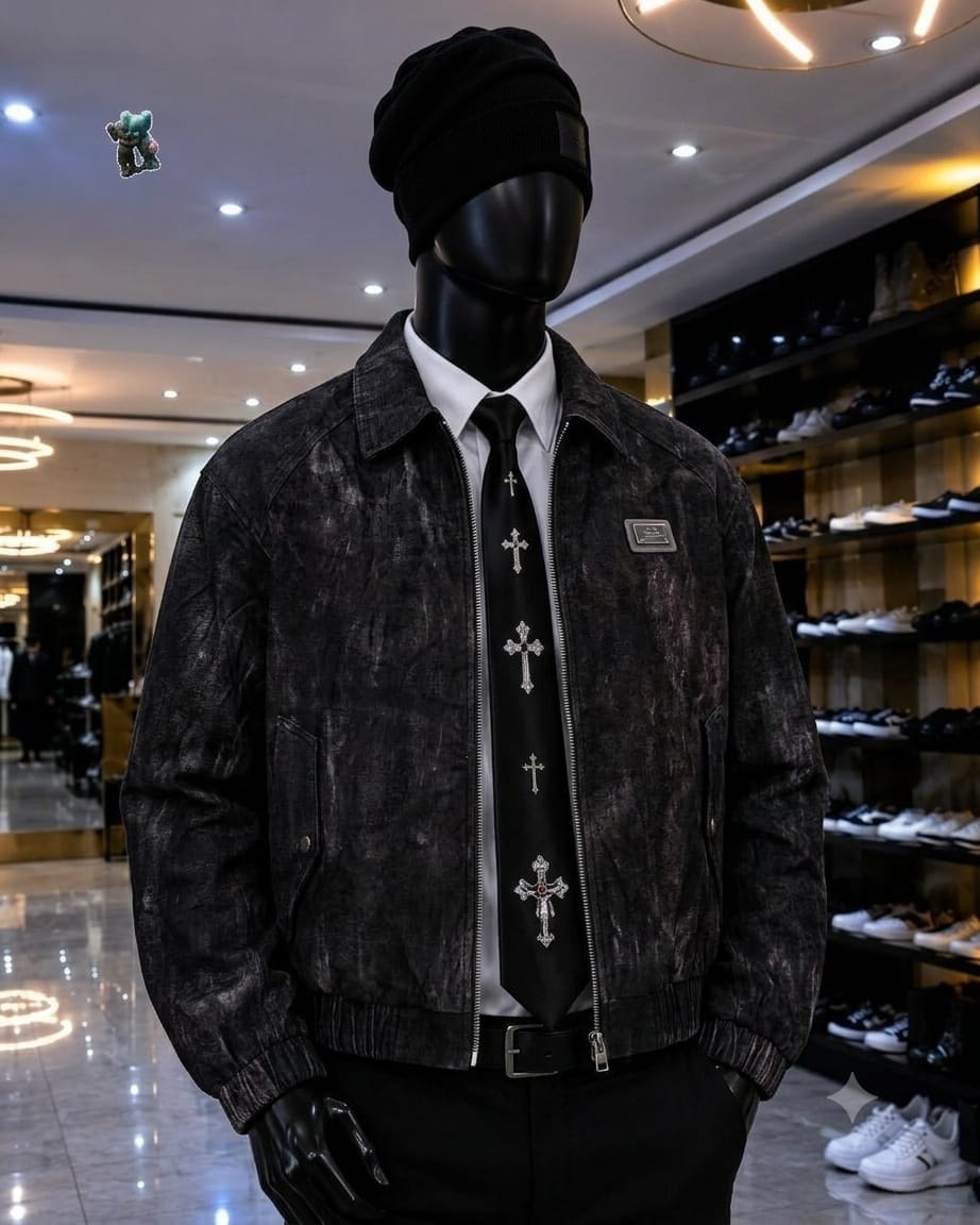 Mannequin wearing black acid wash bomber jacket with shirt, graphic tie and beanie in clothing store.