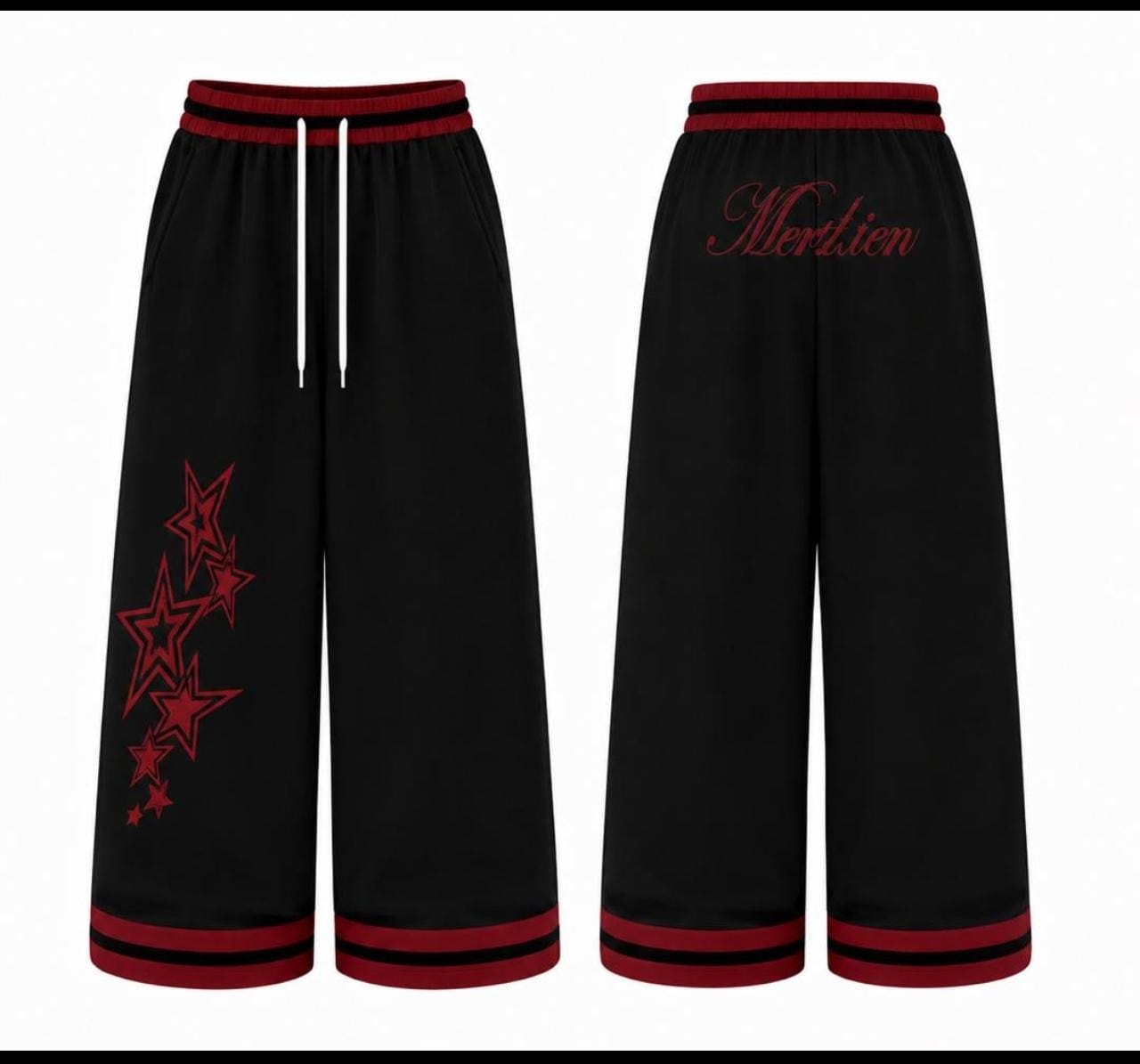 Black Mertlien joggers showing front with red star prints on left leg and back with embroidered logo.