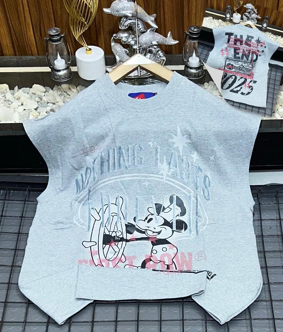 Gray armless tee with Nothing Lasts Forever Mickey graphic.