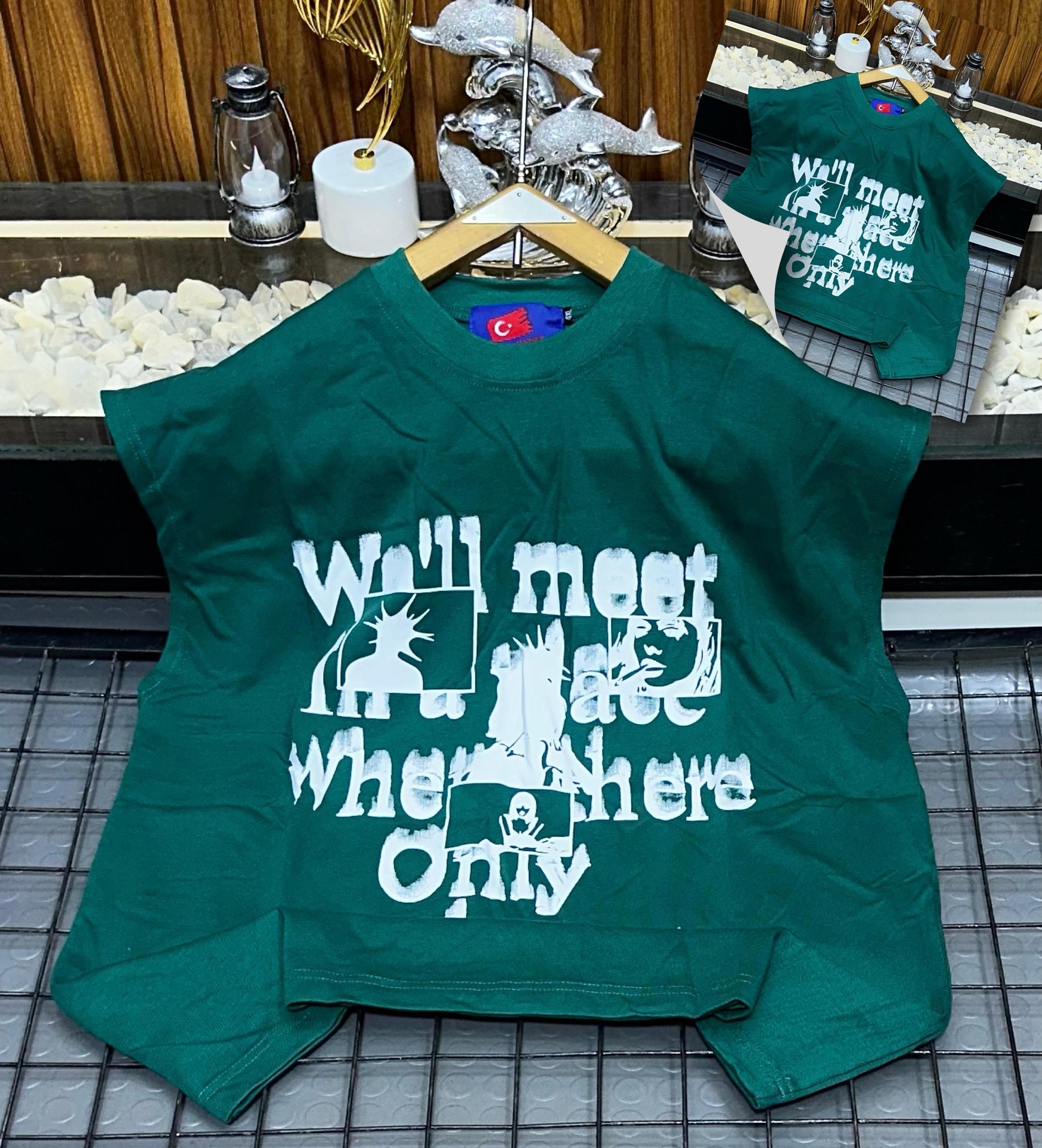 Green armless graphic t-shirt laid flat showing front print.