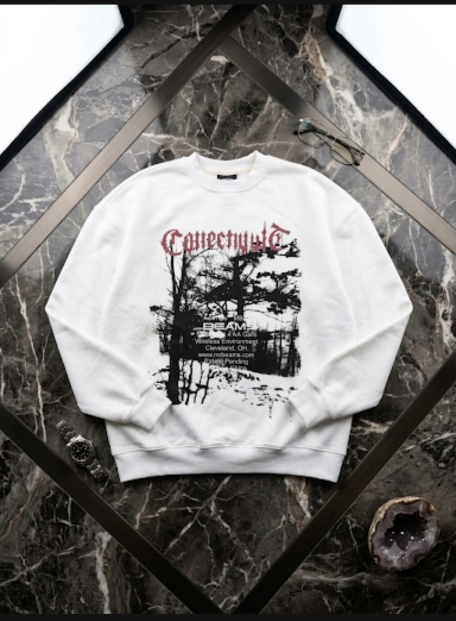 White crewneck sweatshirt featuring red Connecticut gothic text and black tree landscape graphic.