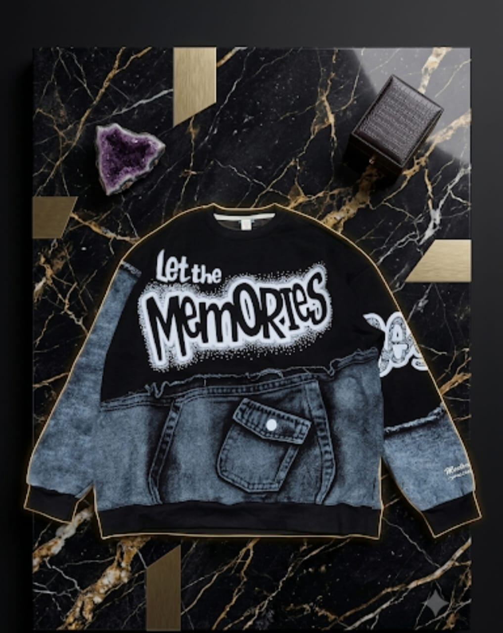 Black and blue denim-style crewneck sweatshirt with Let the Memories graffiti text across chest.