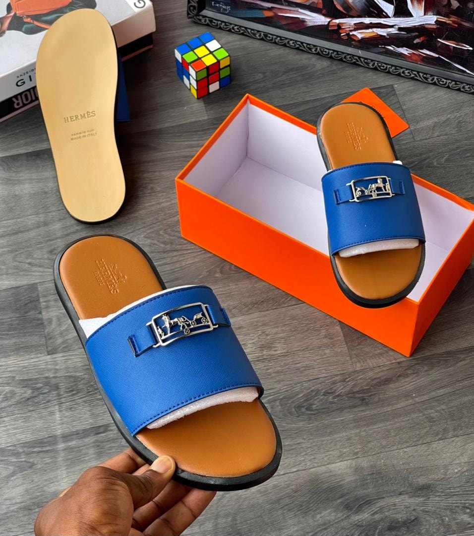 Blue slide sandal with silver horse and carriage buckle on strap, shown with insole and packaging.