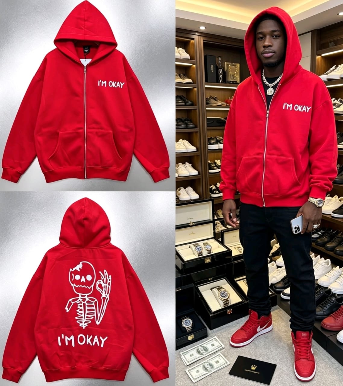 Red zip-up hoodie with I'm Okay text and skeleton graphic, shown in product views and on model in luxury store.