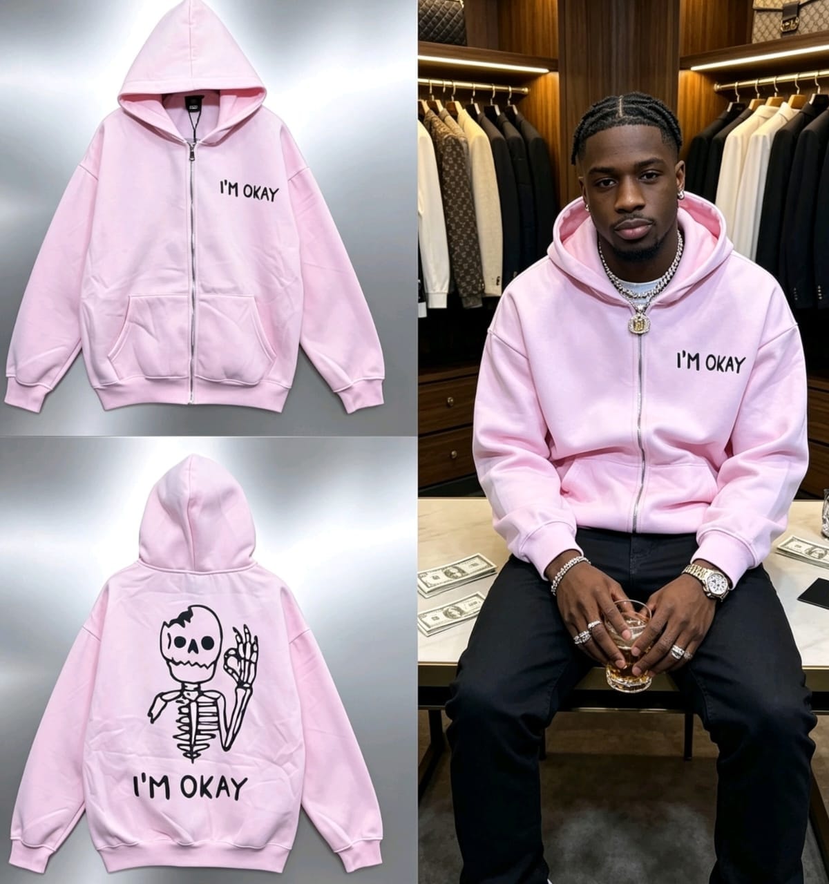 Pink zip-up hoodie with I'm Okay text and skeleton graphic, shown in product views and on model seated.