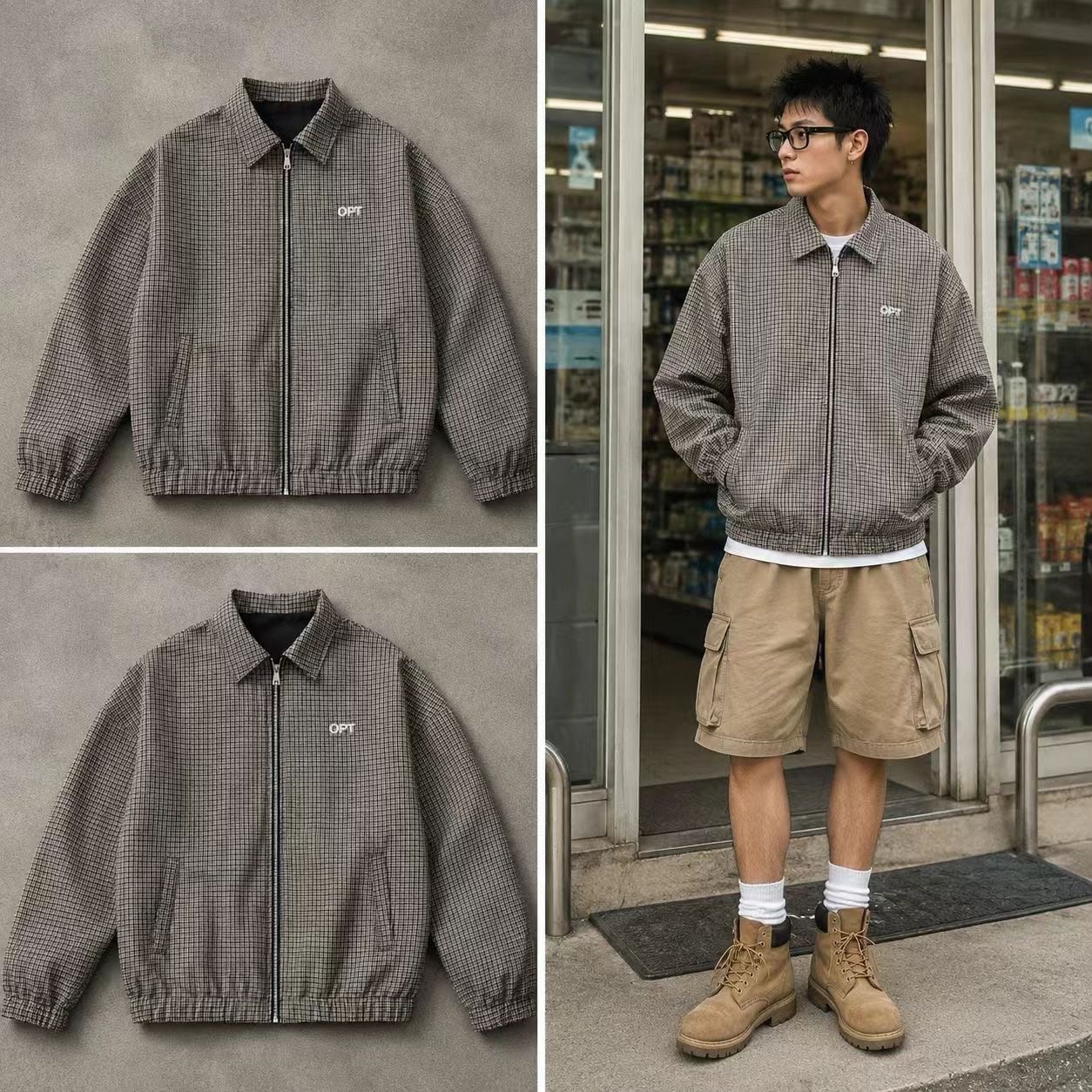 Gray checkered OPT zip-up jacket in flat lay and worn by model with cargo shorts.