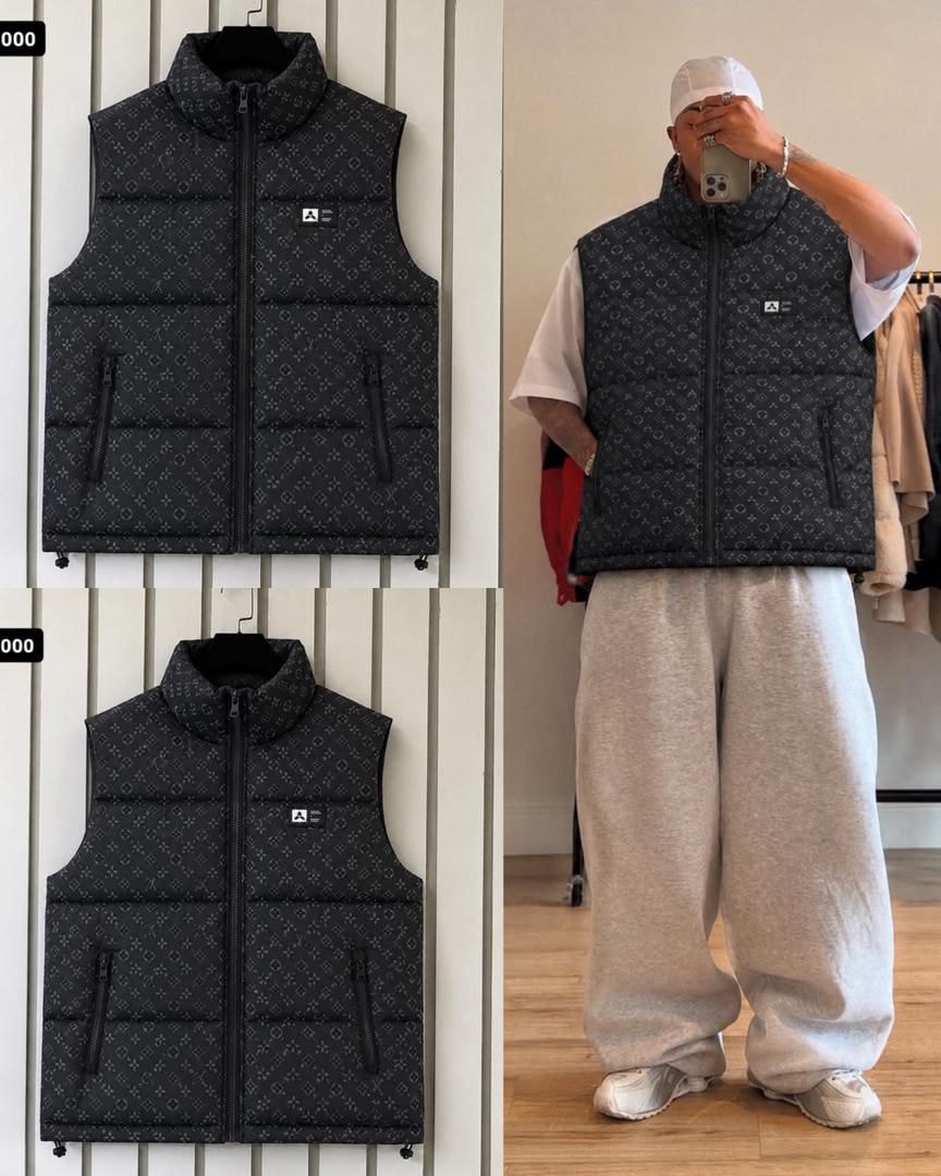Black monogram puffer vest shown in flat lay and worn by male model
