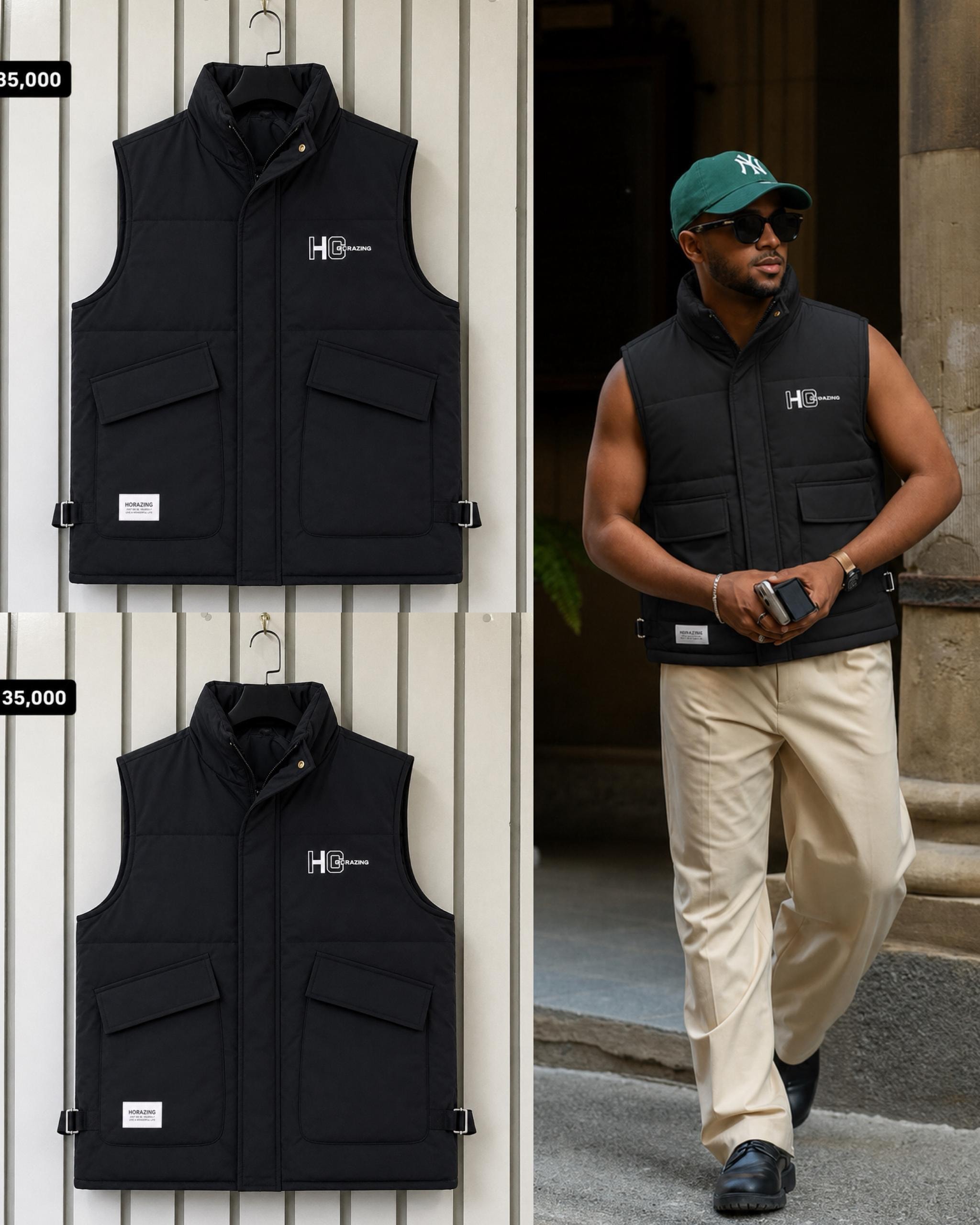Black HC Grazing puffer vest shown in flat lay and worn by male model