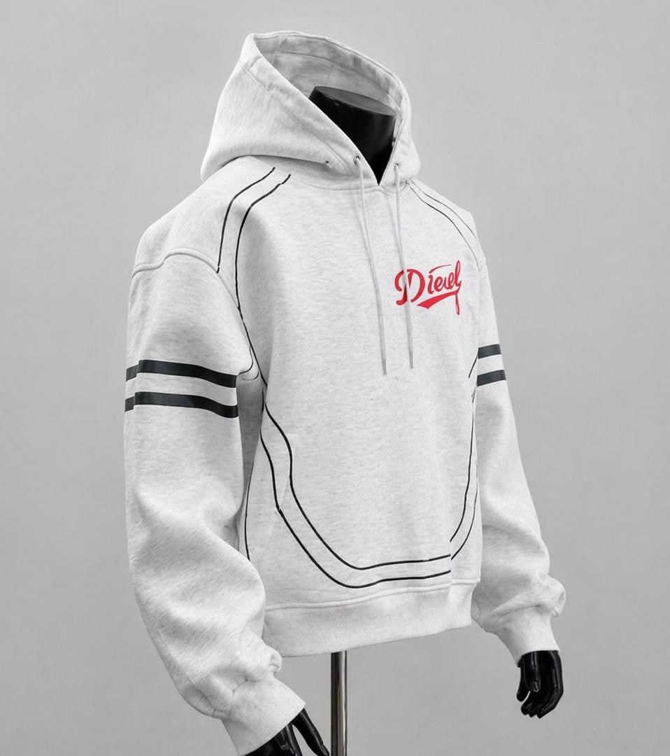 Front view of white Diesel hoodie with black piping, red Diesel script logo, and striped sleeves.