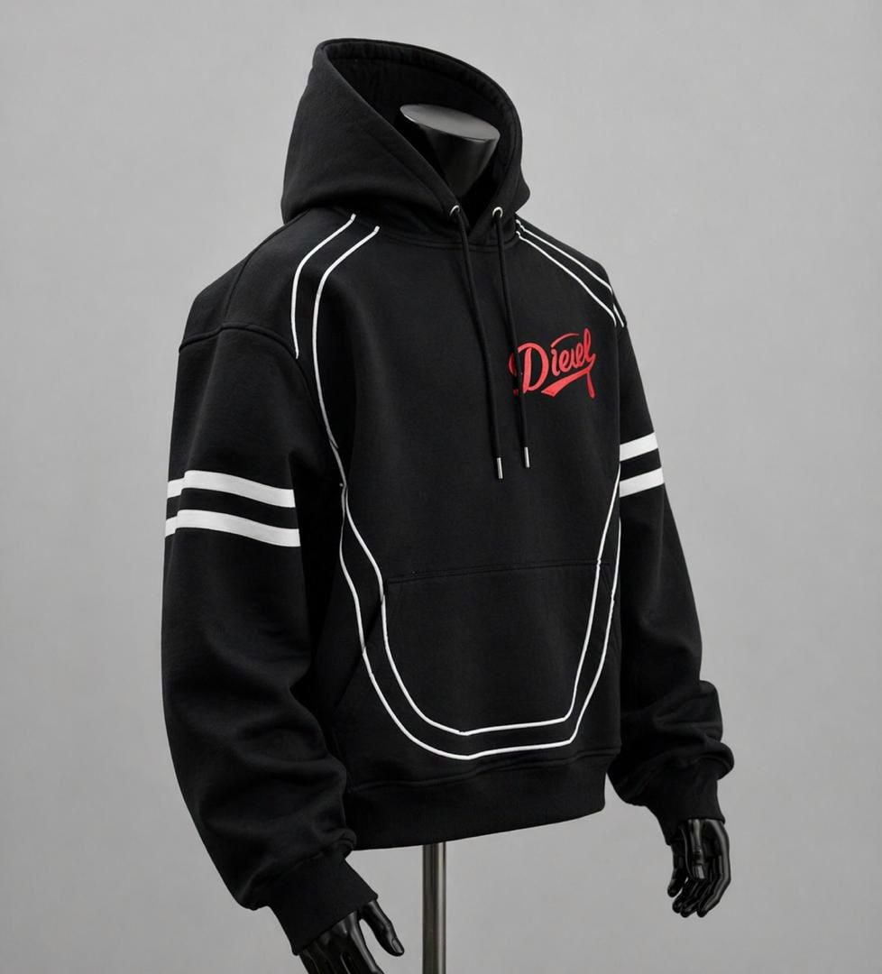 Front view of black Diesel hoodie with white piping, red logo embroidery, and striped sleeves.