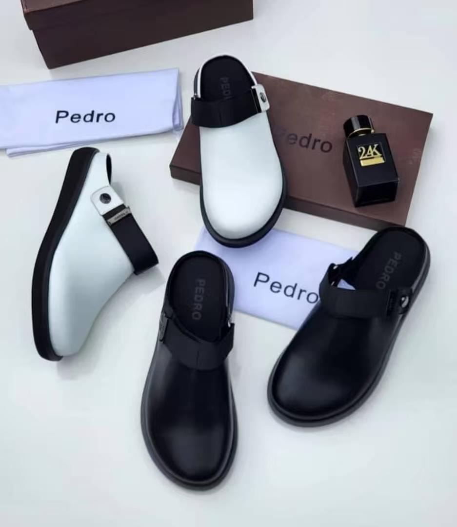 White and black Pedro mules with straps shown with boxes, dust bags, perfume and multiple angles.