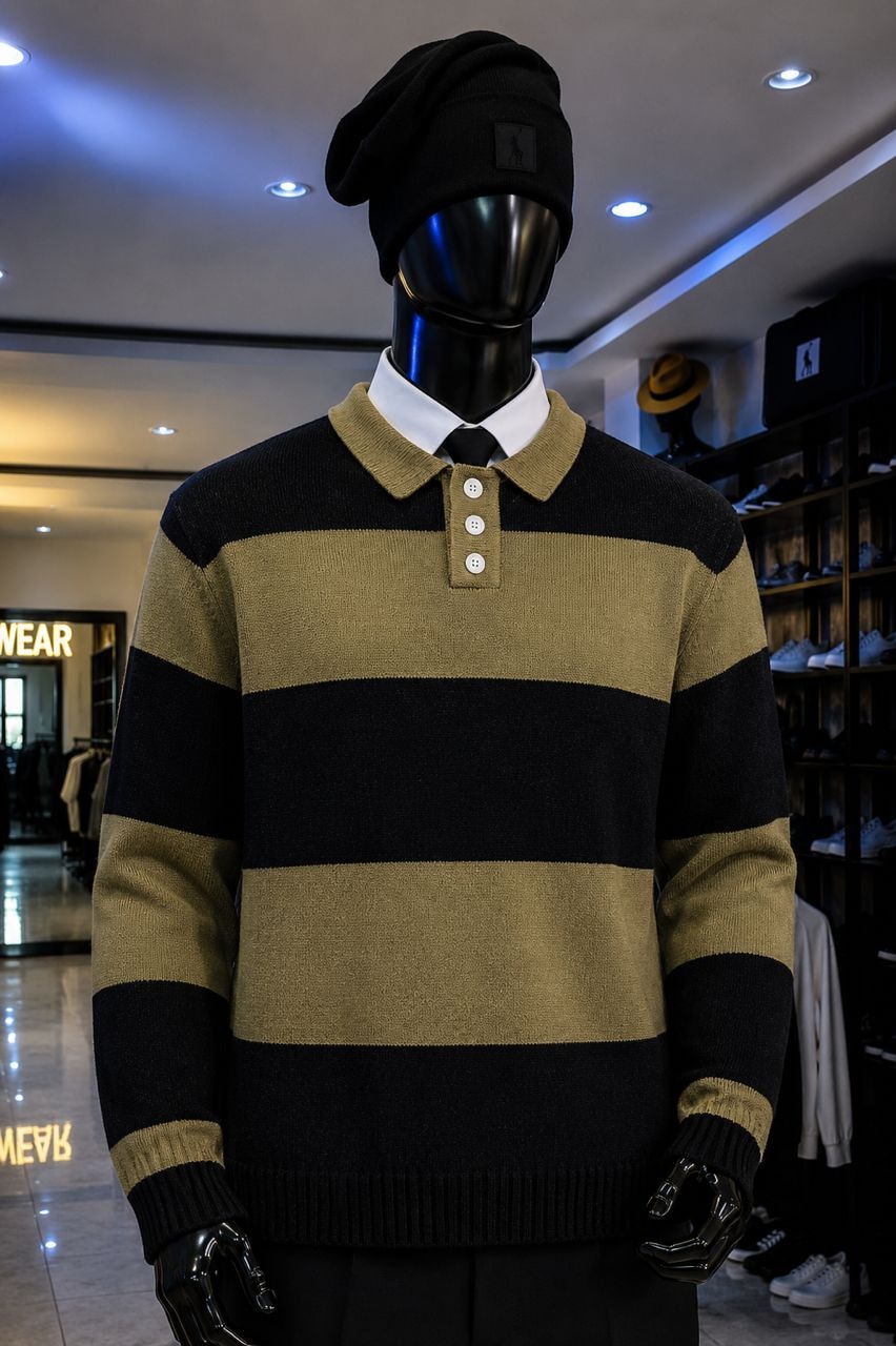 Mannequin in black and olive striped knit polo top with collared shirt and beanie.