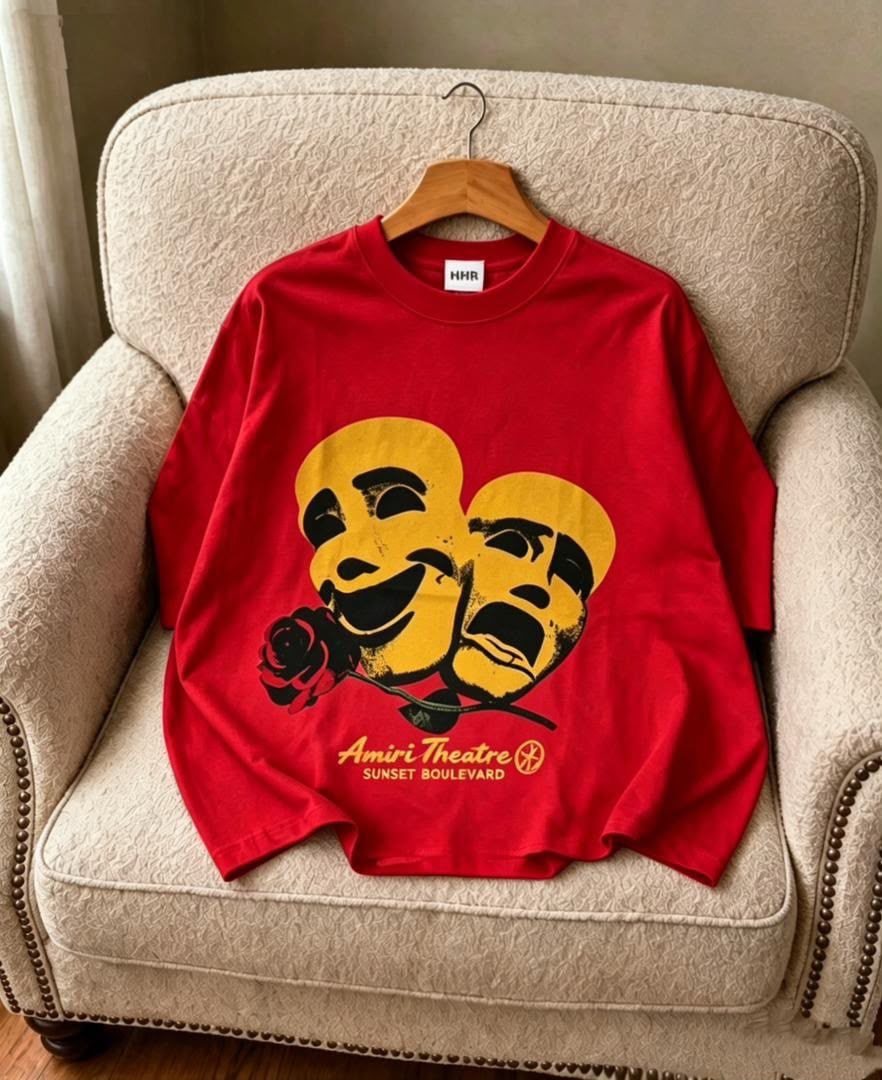 Red Amiri Theatre graphic t-shirt flat lay and on model.