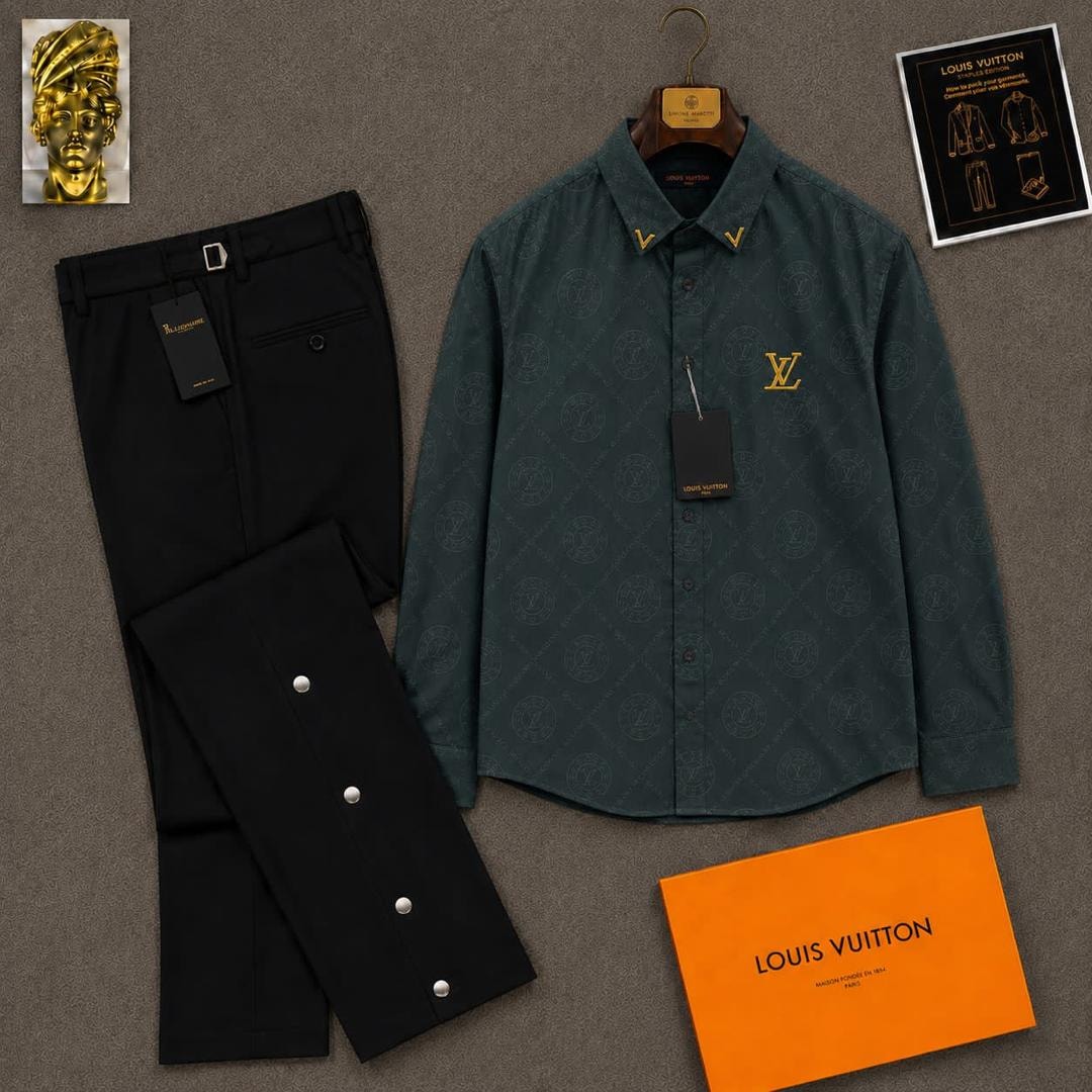 Green long sleeve LV monogram shirt paired with black trousers and orange LV box.