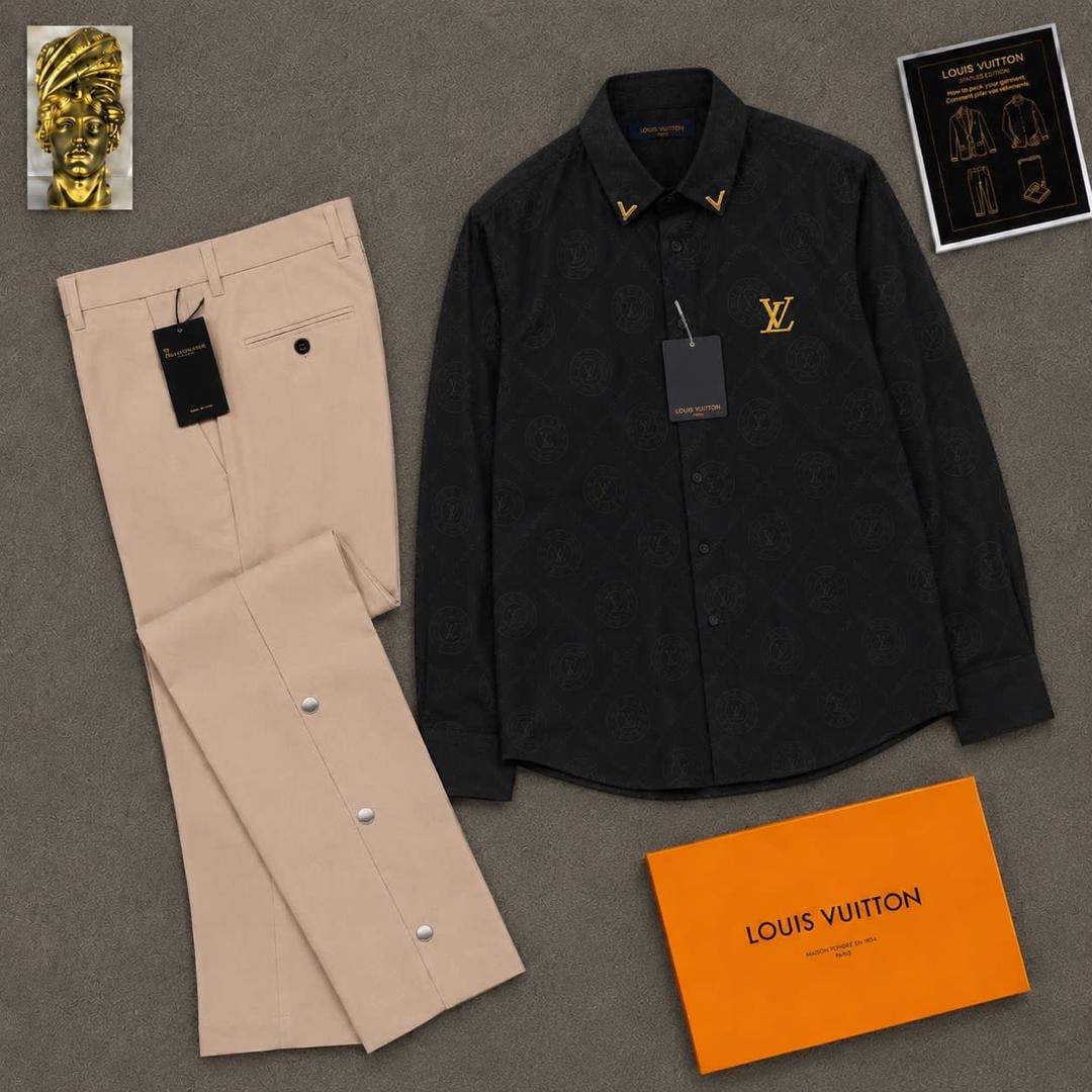 Black long sleeve LV monogram shirt paired with beige trousers and orange LV box.