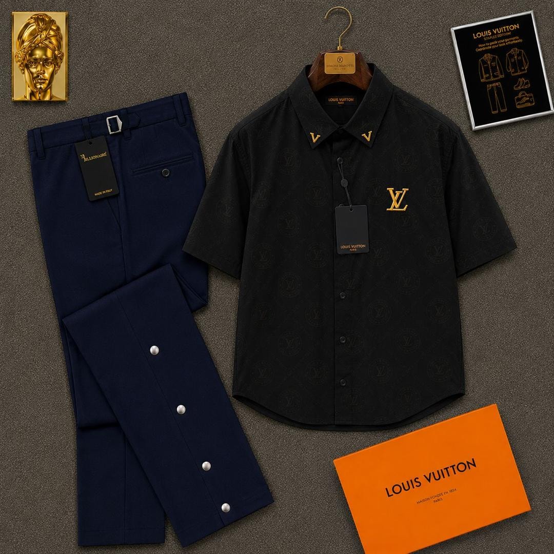 Black short sleeve LV monogram shirt paired with navy trousers and orange LV box.