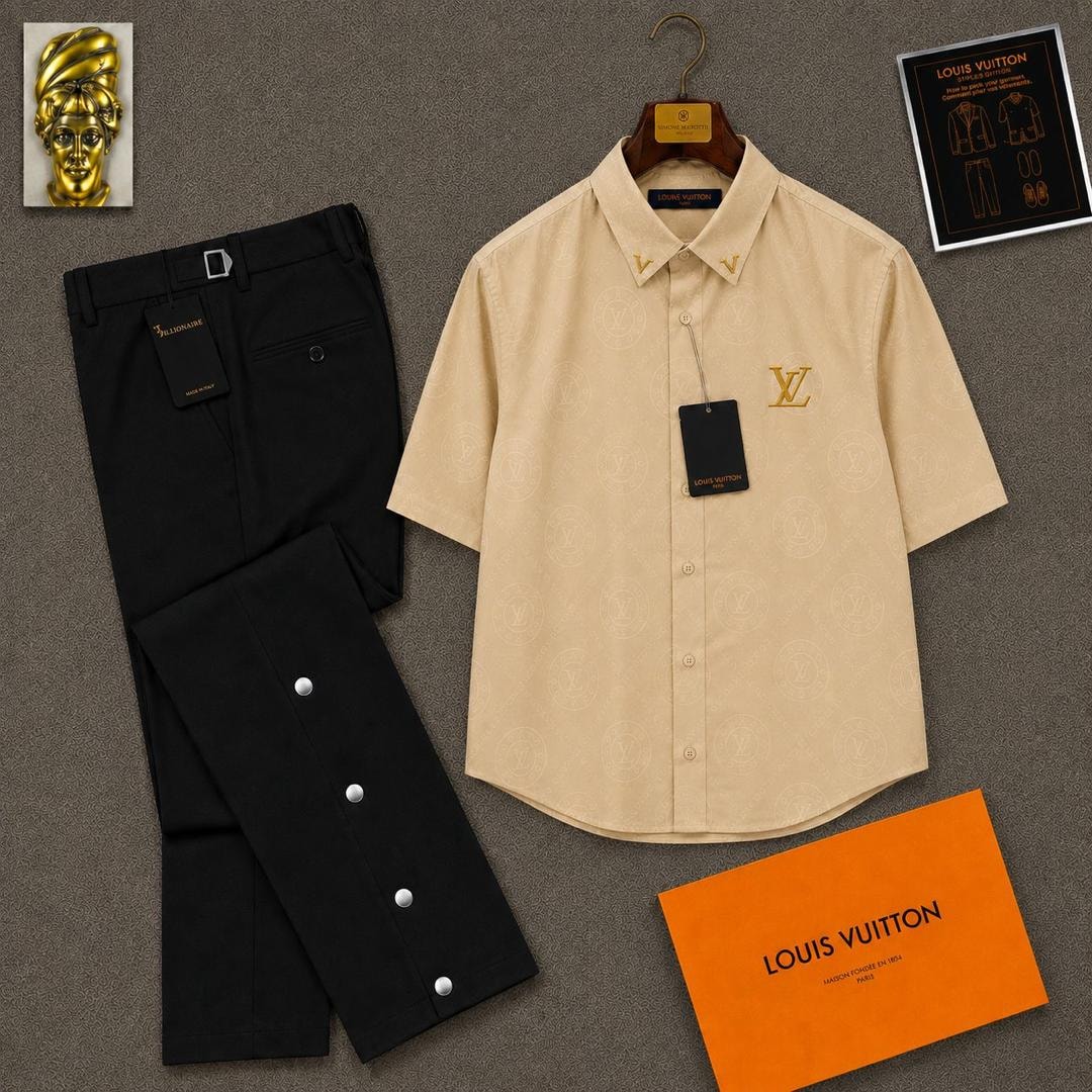 Beige short sleeve LV monogram shirt paired with black trousers and orange LV box.