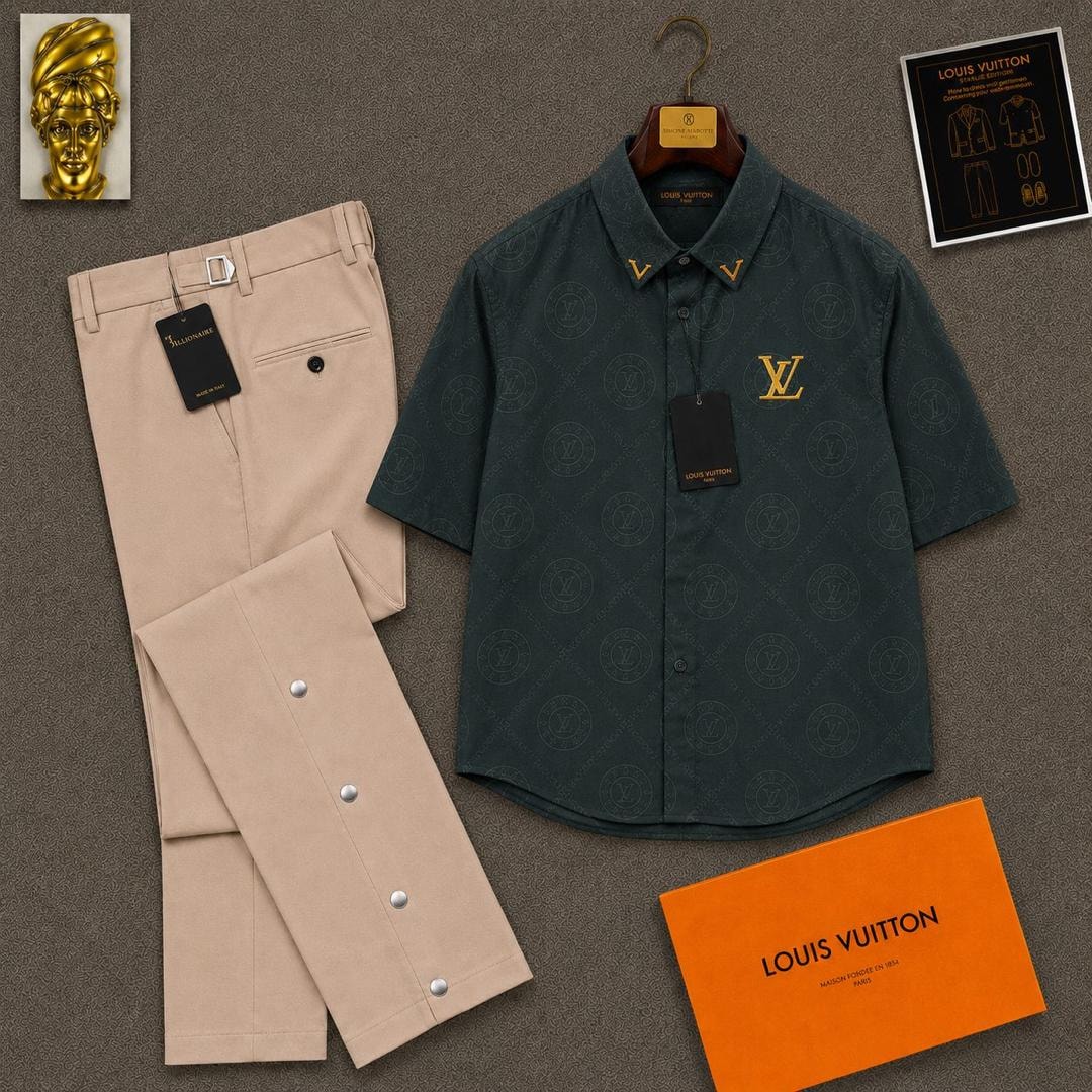 Green short sleeve LV monogram shirt paired with beige trousers and orange LV box.
