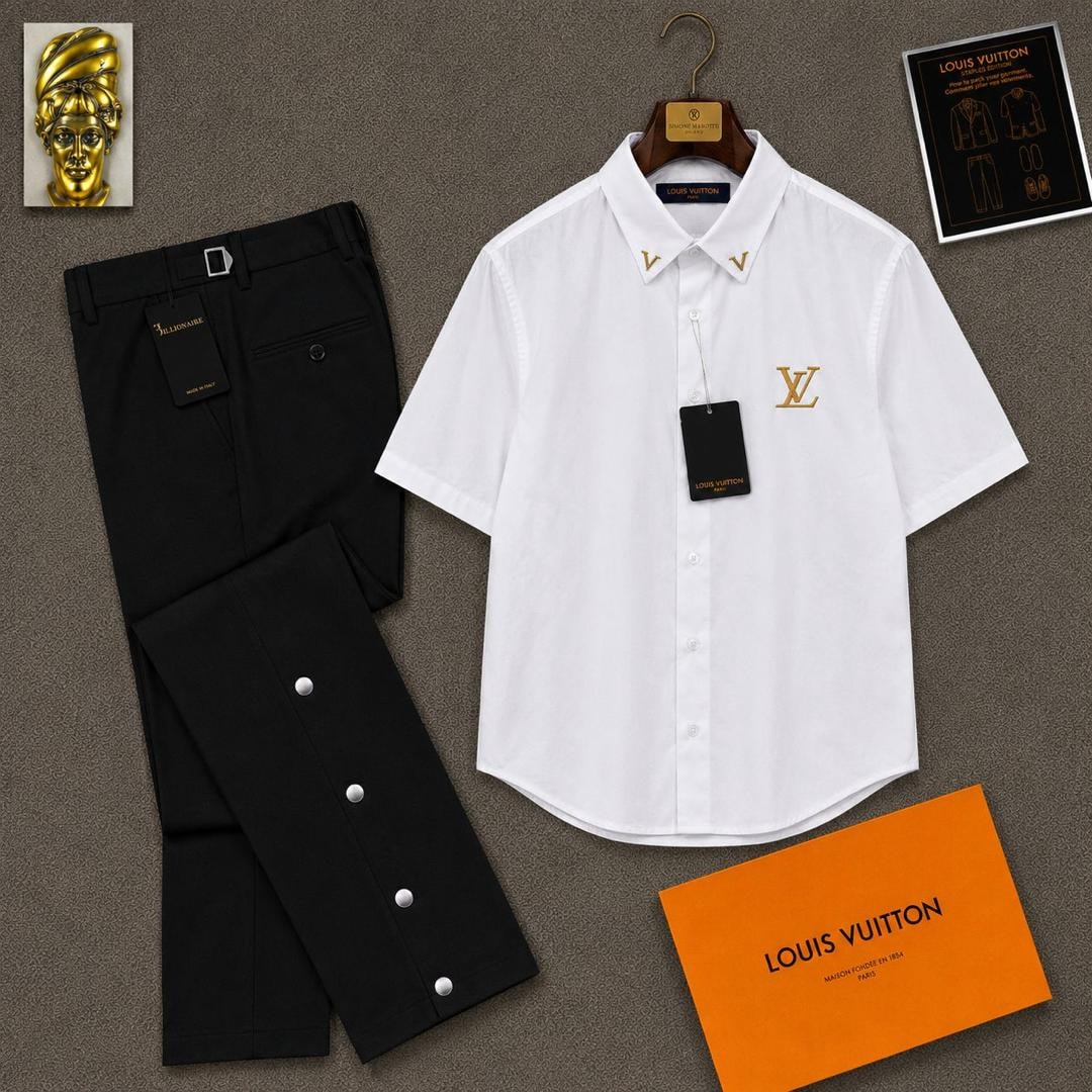 White short sleeve LV monogram shirt paired with black trousers and orange LV box.