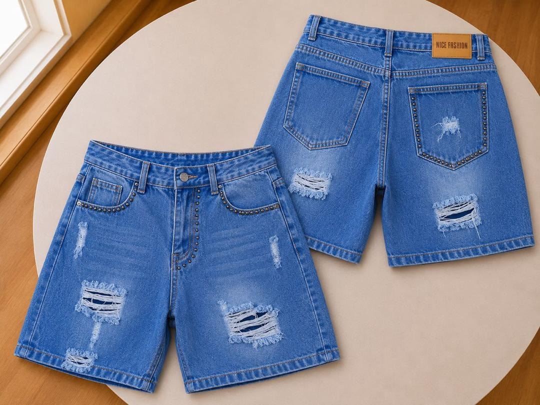 Front and back of blue denim shorts with studded pockets and distressing.