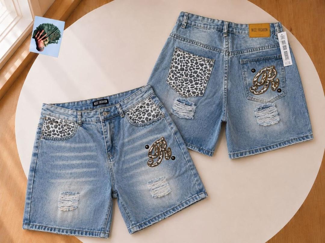 Light blue denim shorts with leopard print pockets and R embroidery, front and back views.