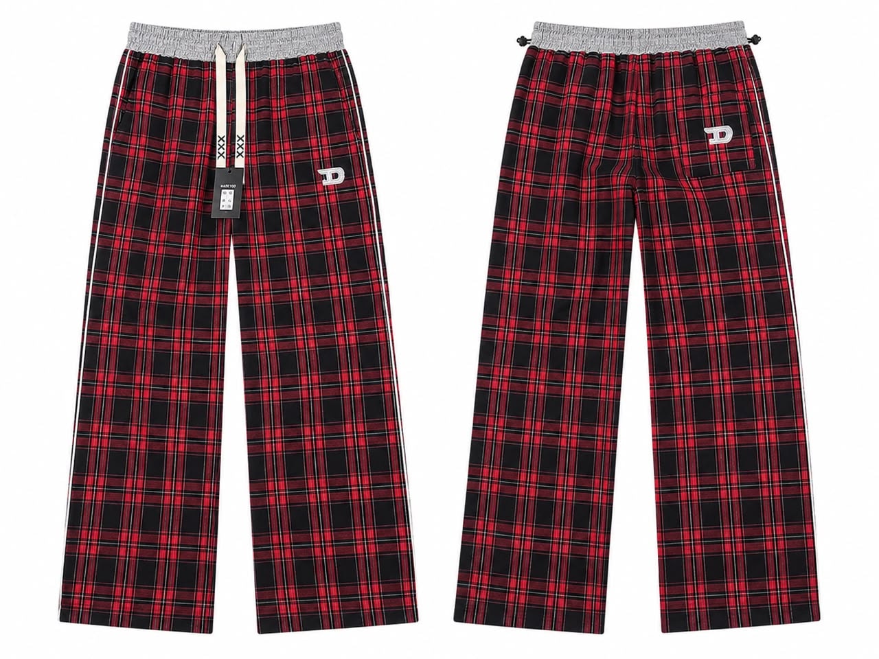 Front and back views of red and black plaid joggers with D logo.
