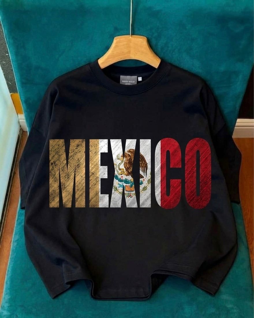 Black long sleeve tee with large MEXICO text using Mexican flag colors and emblem.