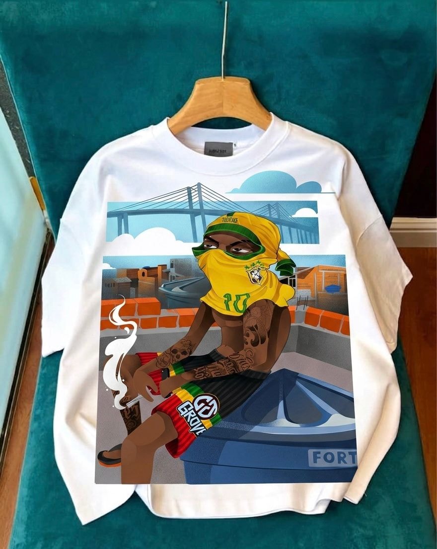 White long sleeve tee with graphic of a man in yellow bandana and face cover sitting on a car.