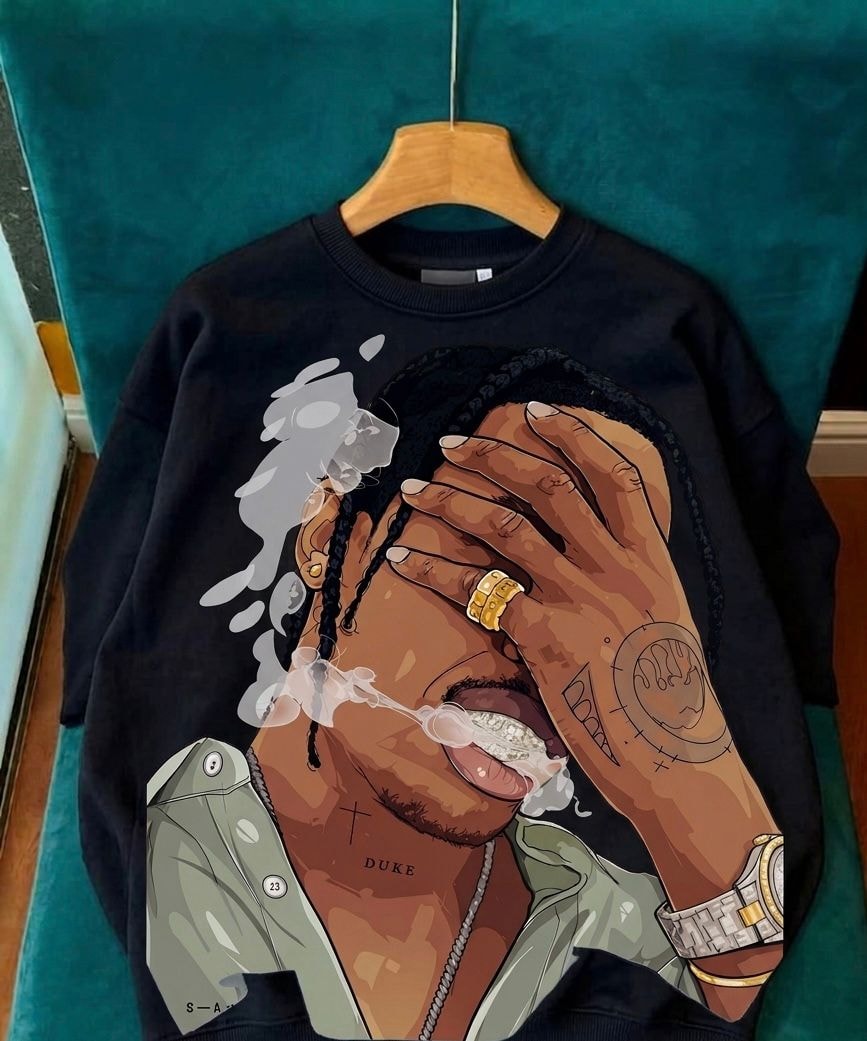 Black long sleeve tee with large graphic of a man with braids covering his face while smoking.