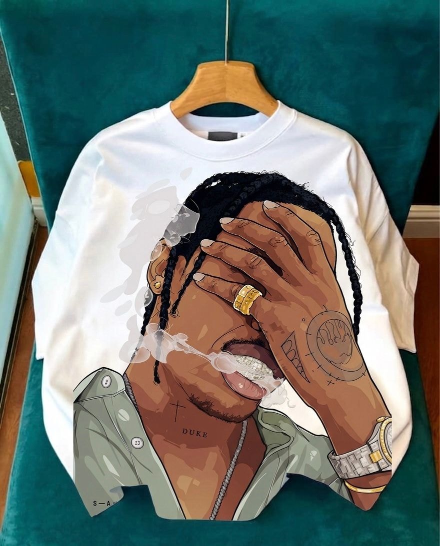 White long sleeve tee with large graphic of a man with braids covering his face while smoking.