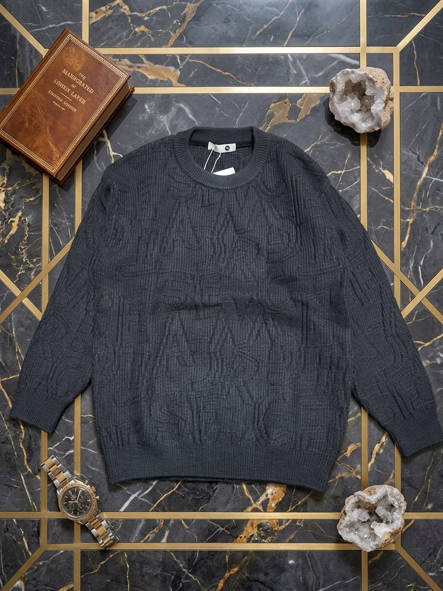 Dark gray cable knit sweatshirt laid flat on marble surface with book and watch accessories.