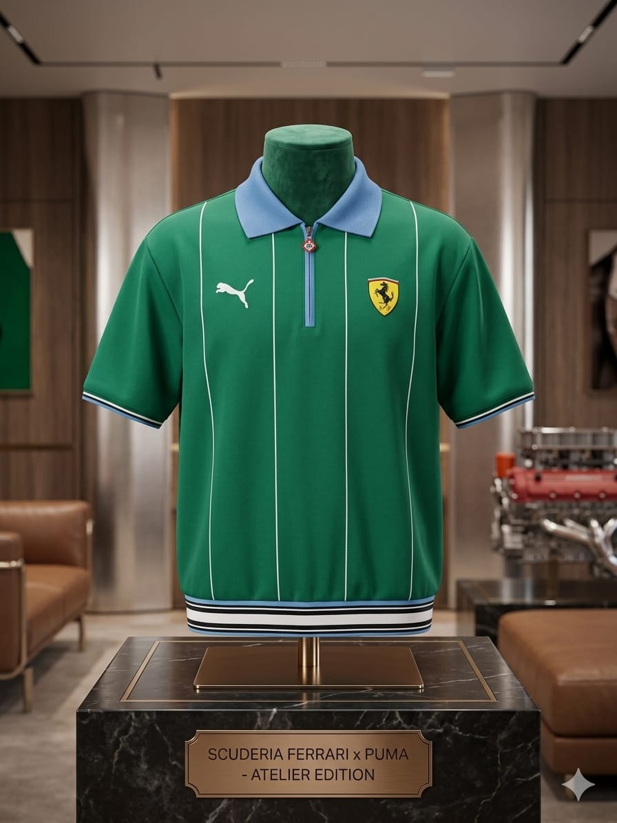 Green Puma Scuderia Ferrari polo shirt on mannequin with logos and striped details.