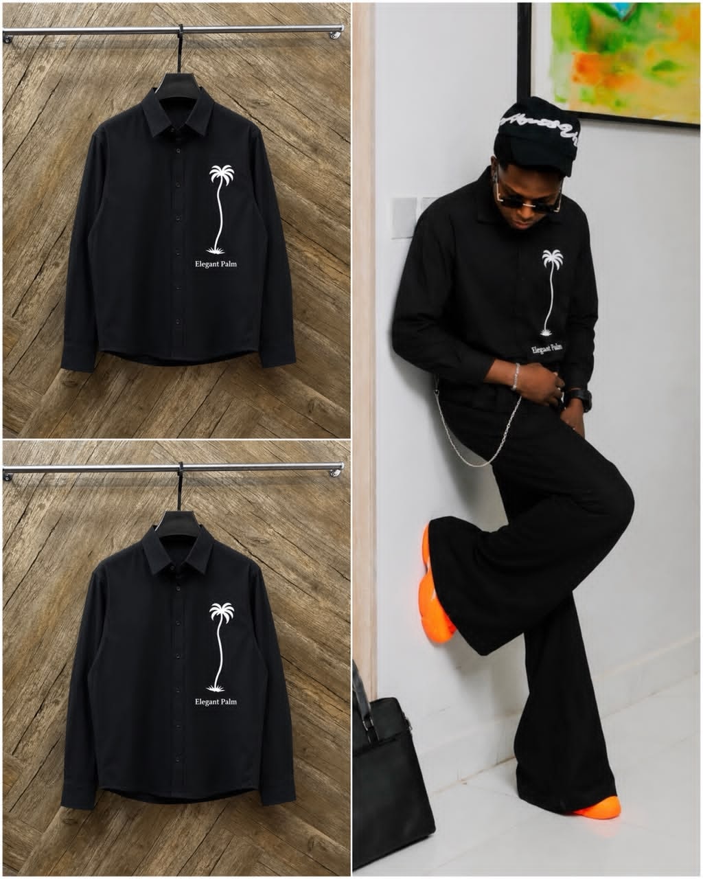 Collage showing black Elegant Palm shirts on wooden floor and model wearing black version