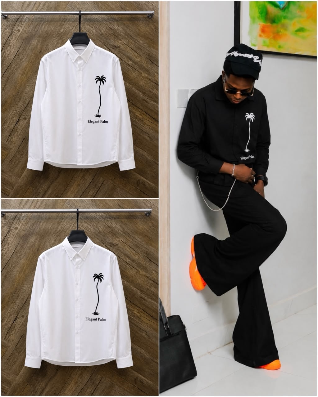 Collage showing white Elegant Palm shirts on wooden floor and model wearing black version