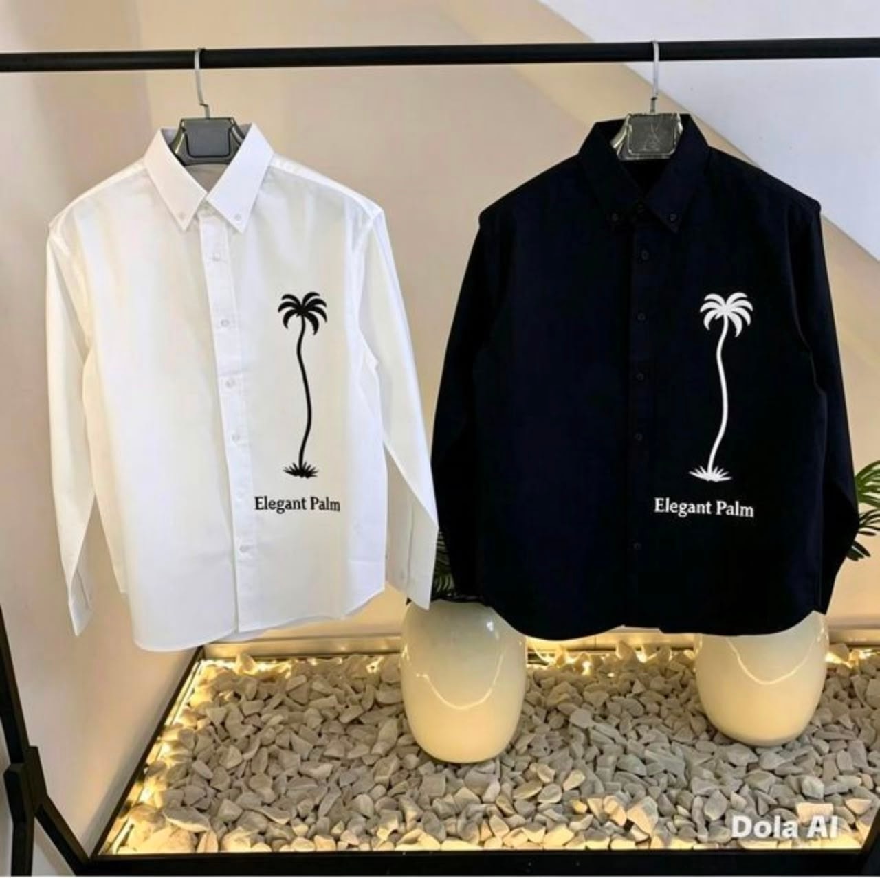 White and black button-down shirts with palm tree and Elegant Palm print on display
