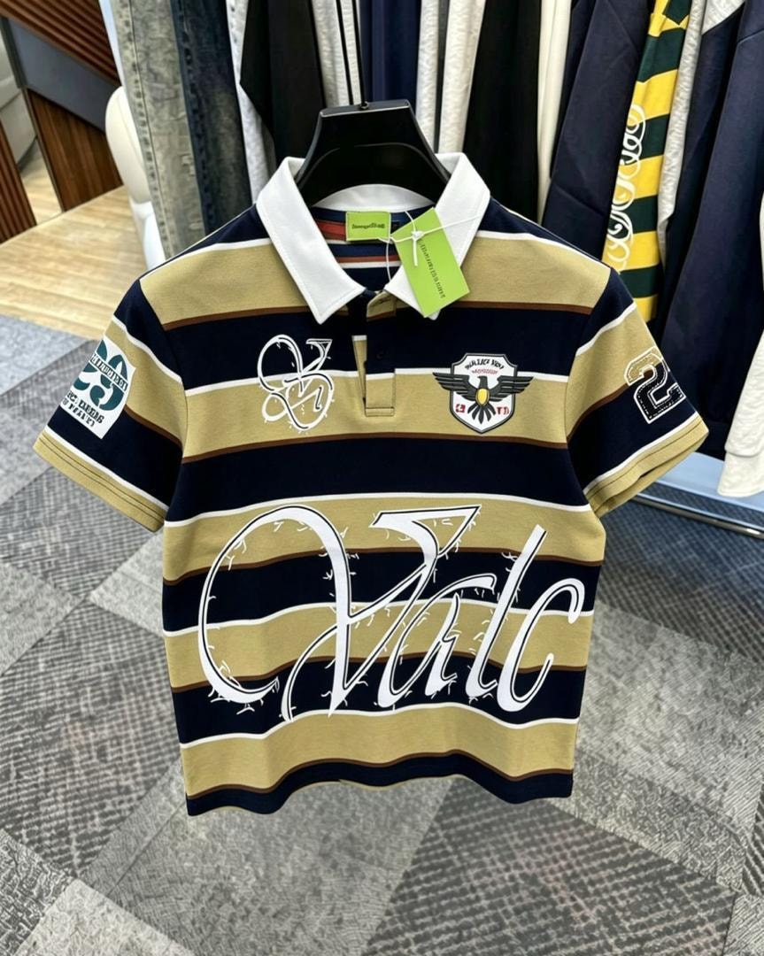 Front view of beige striped polo shirt with white collar, chest embroidery and logos.