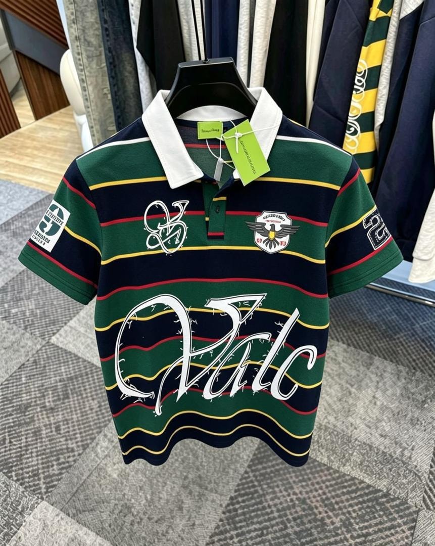 Front view of green striped polo shirt with white collar, chest embroidery and logos.