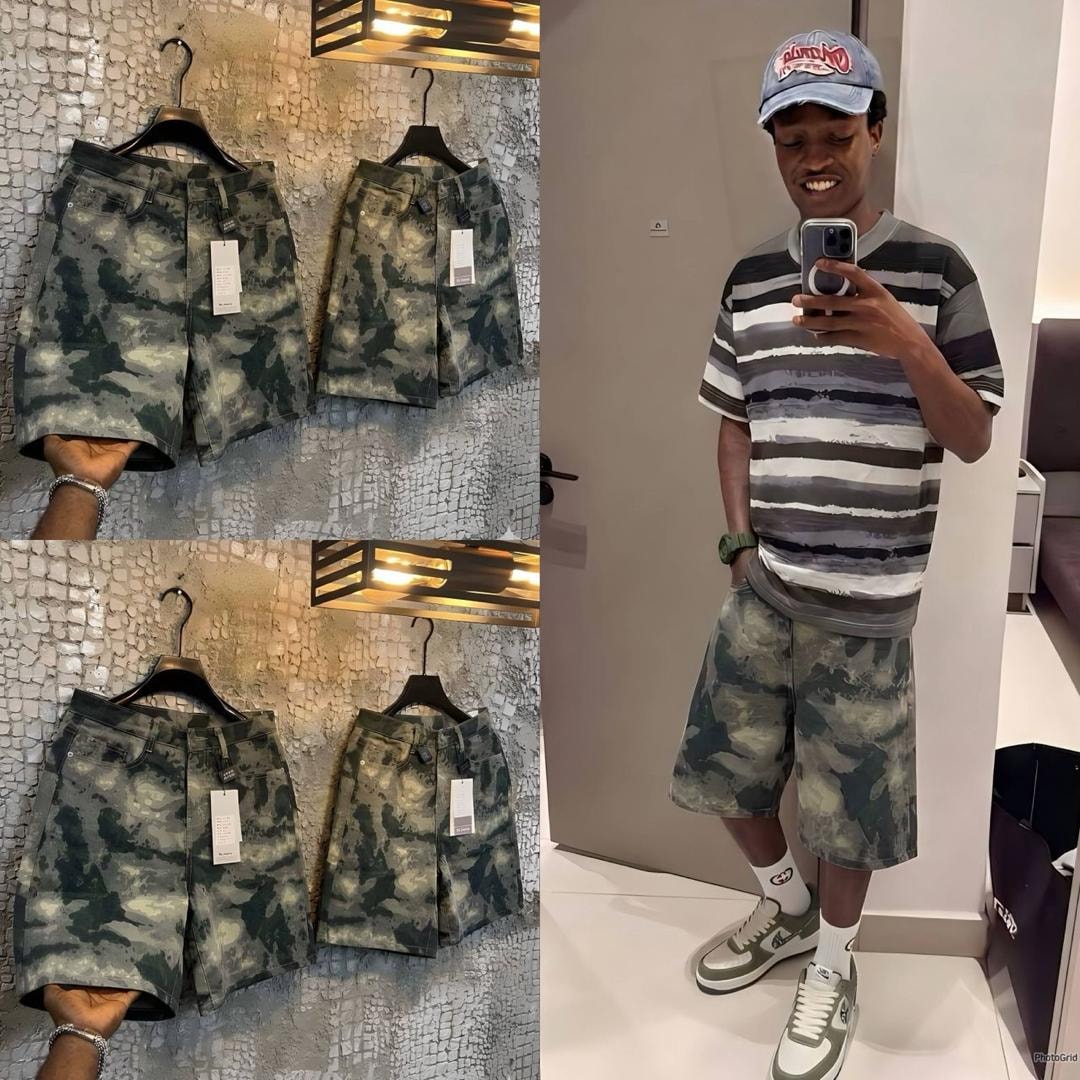 Collage of camouflage jorts on hangers and modeled with striped t-shirt, cap, and sneakers.