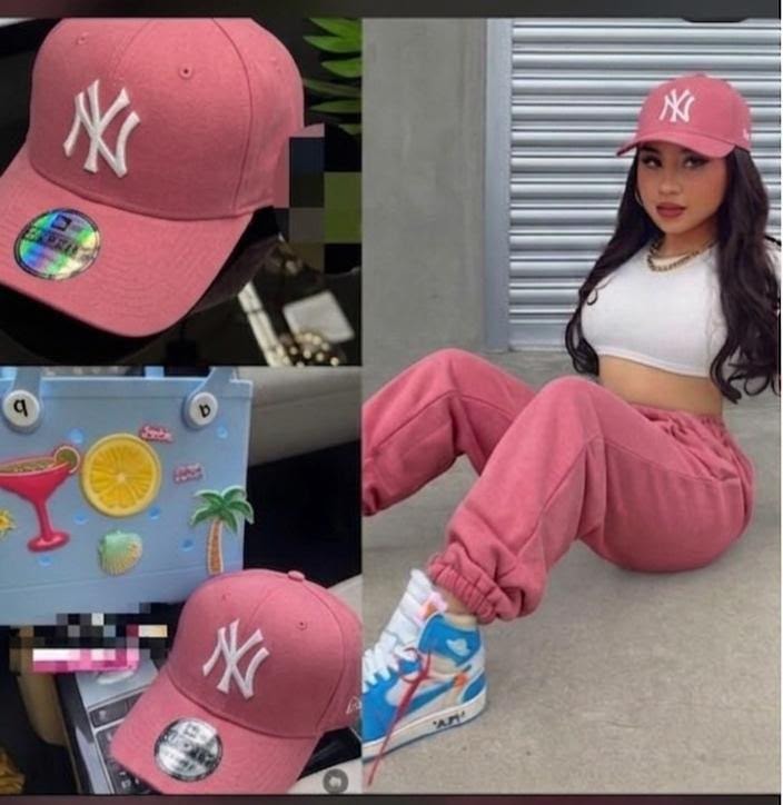 Pink NY baseball cap shown in product shots and on woman in matching pink outfit.